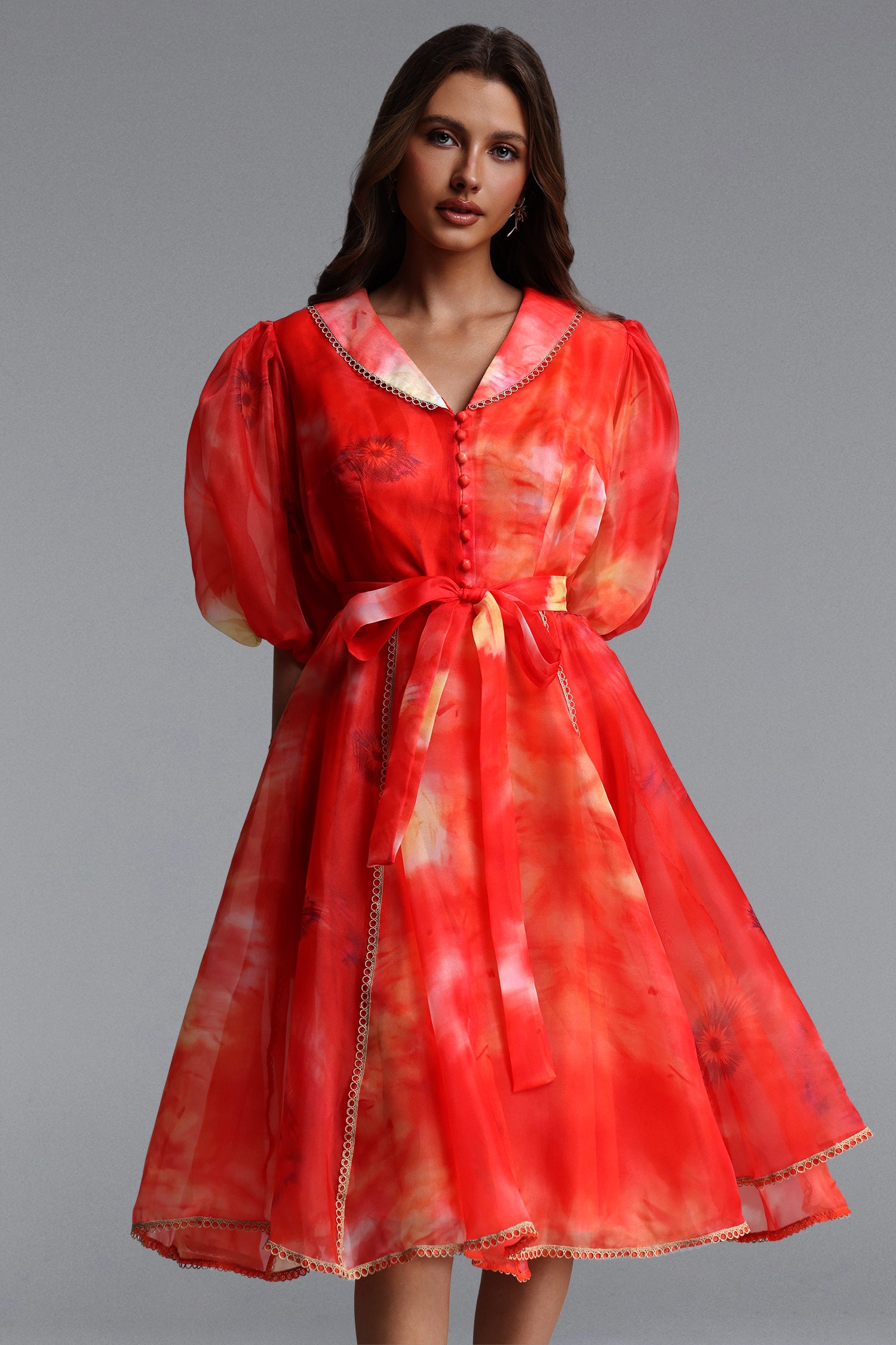 Derya Resort Flowy Puff Sleeve Print Organza Mini Dress	