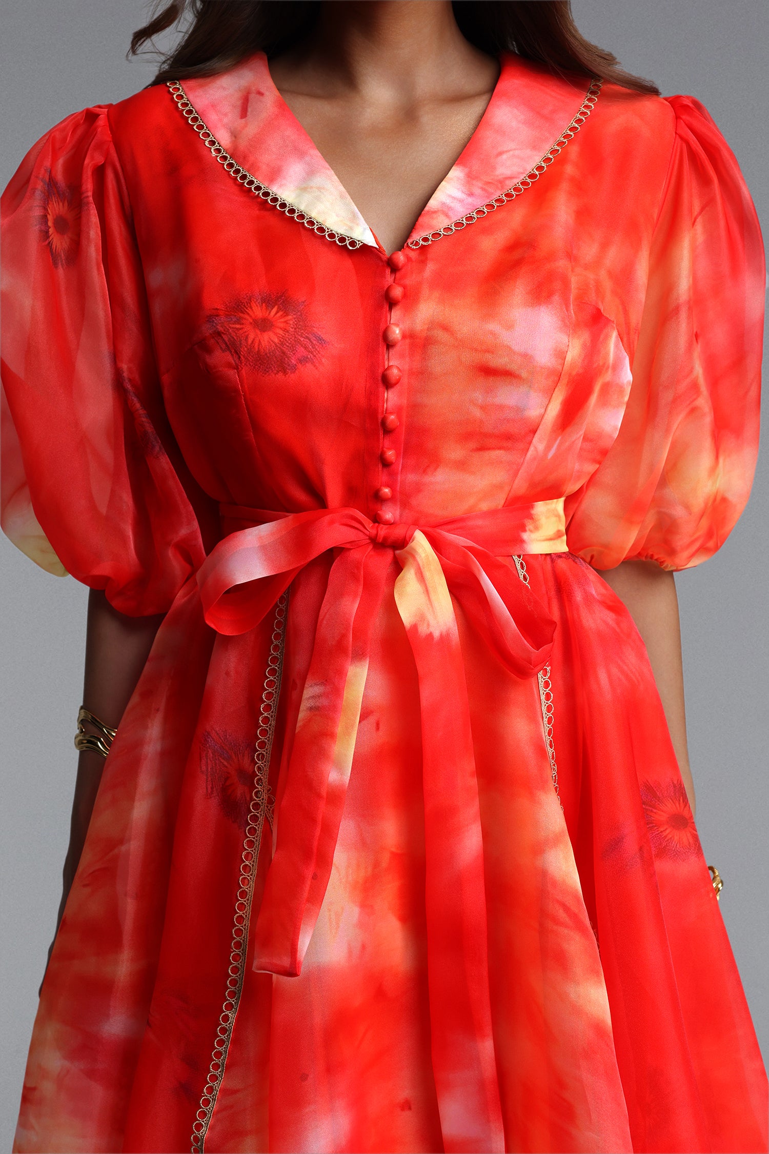 Derya Resort Flowy Puff Sleeve Print Organza Mini Dress	