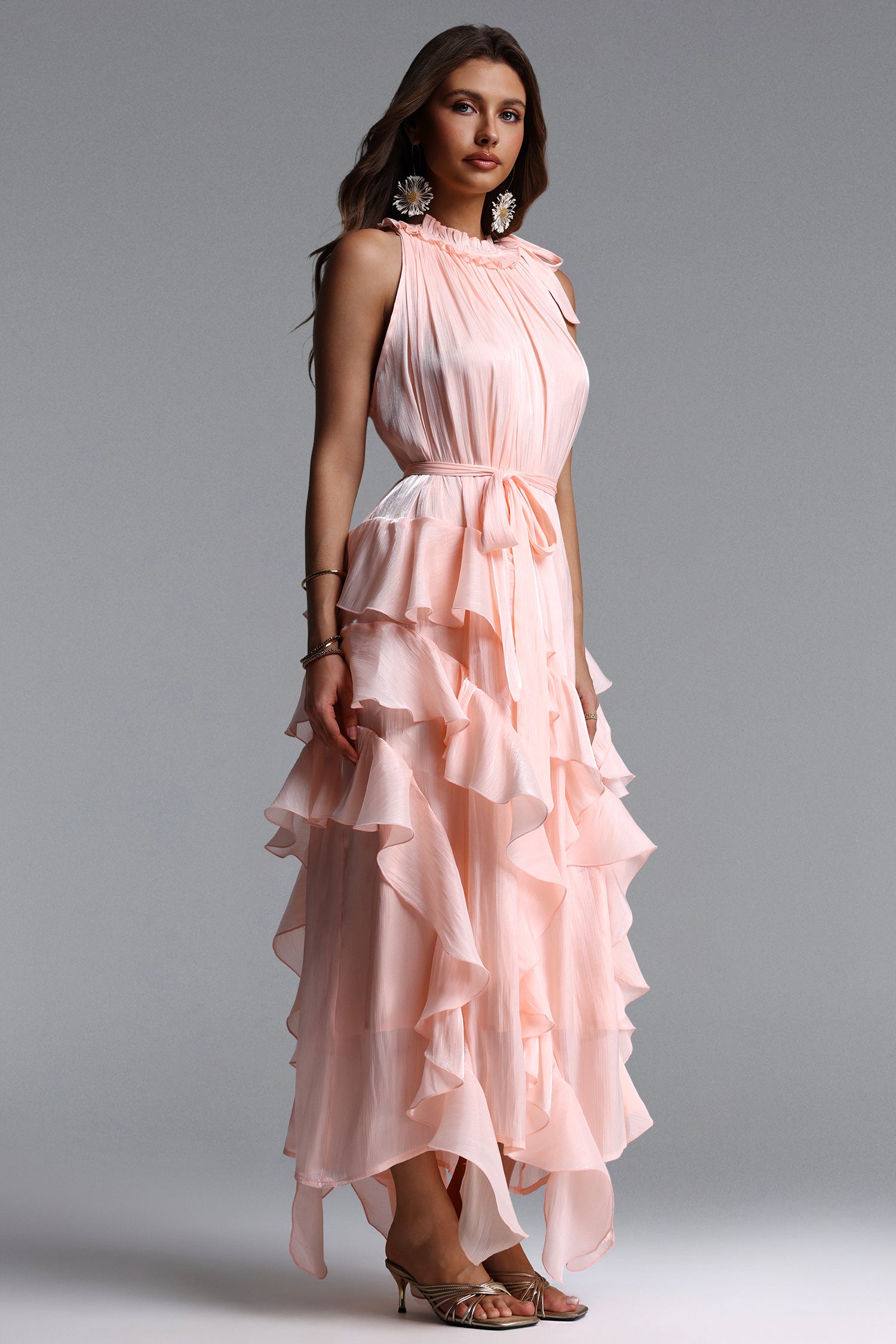 Dazie Resort Flowy Sleeveless Ruffle Organza Maxi Dress	