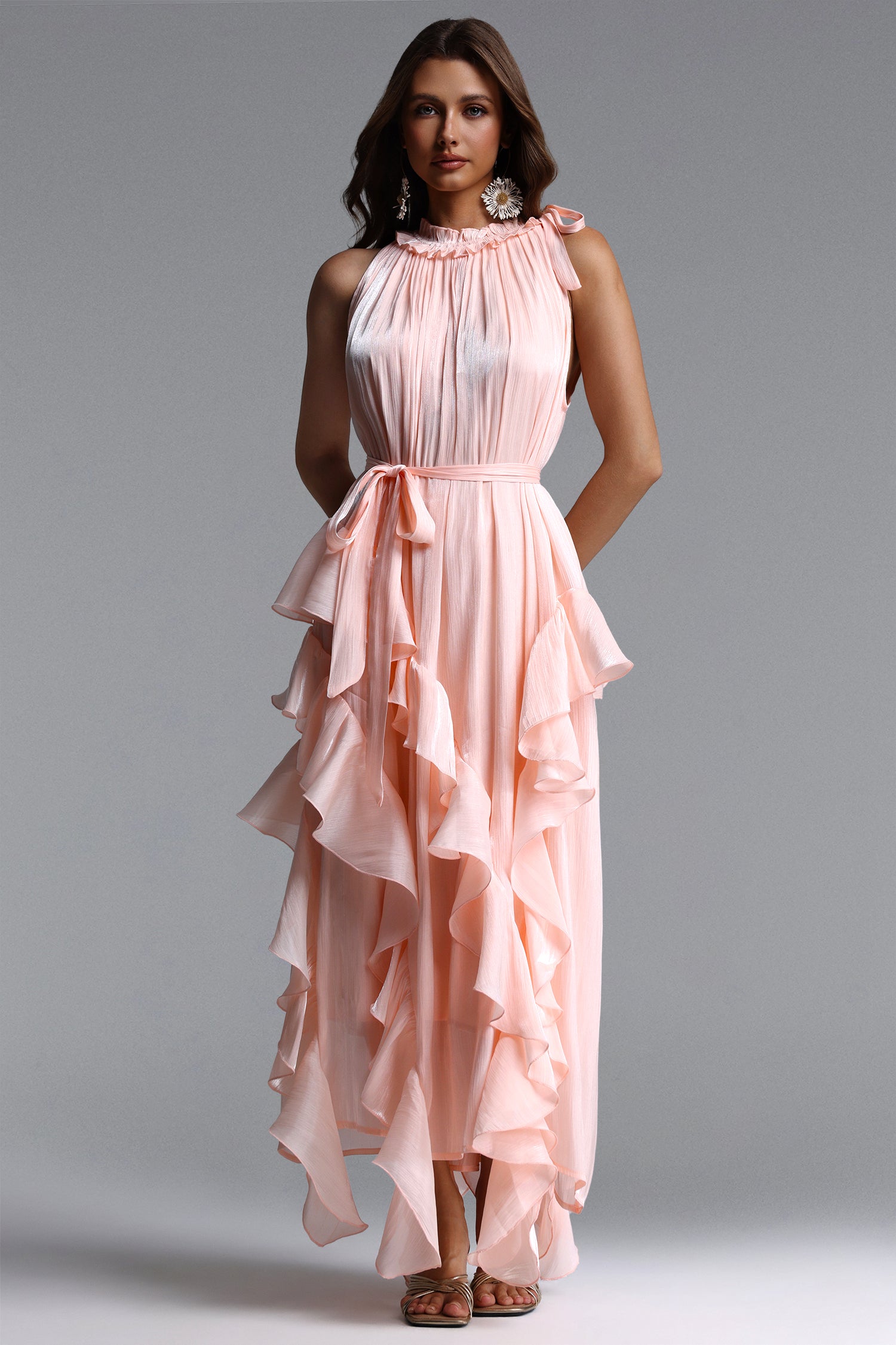 Dazie Resort Flowy Sleeveless Ruffle Organza Maxi Dress	