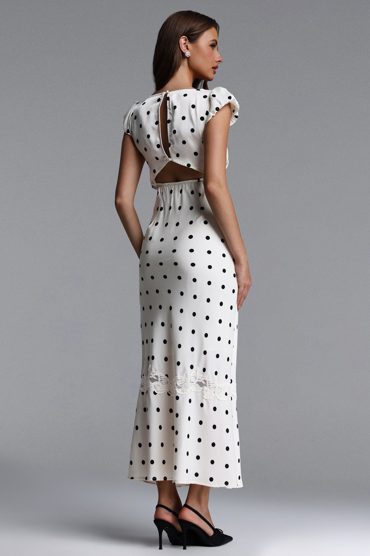 Skyler Classic Tailored Sleeveless Polka Dot Satin Maxi Dress	