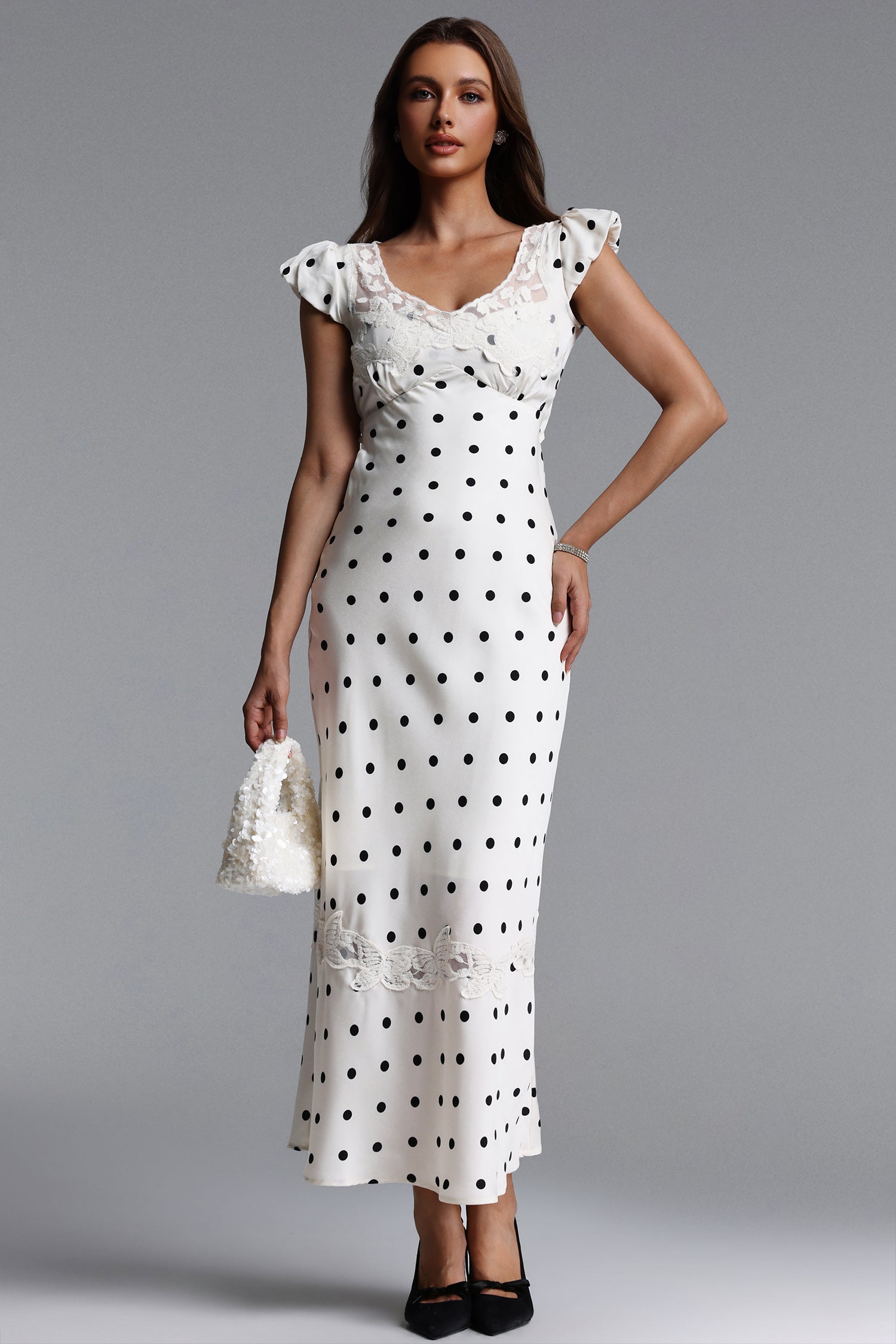 Skyler Classic Tailored Sleeveless Polka Dot Satin Maxi Dress	