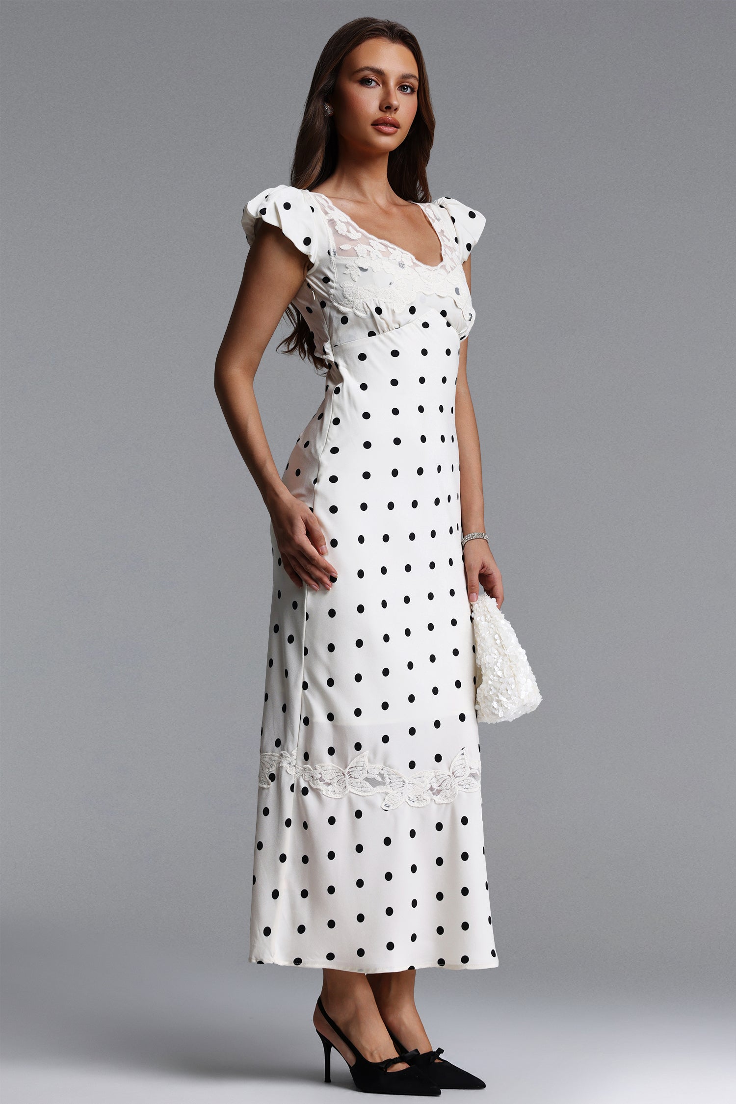 Skyler Classic Tailored Sleeveless Polka Dot Satin Maxi Dress	