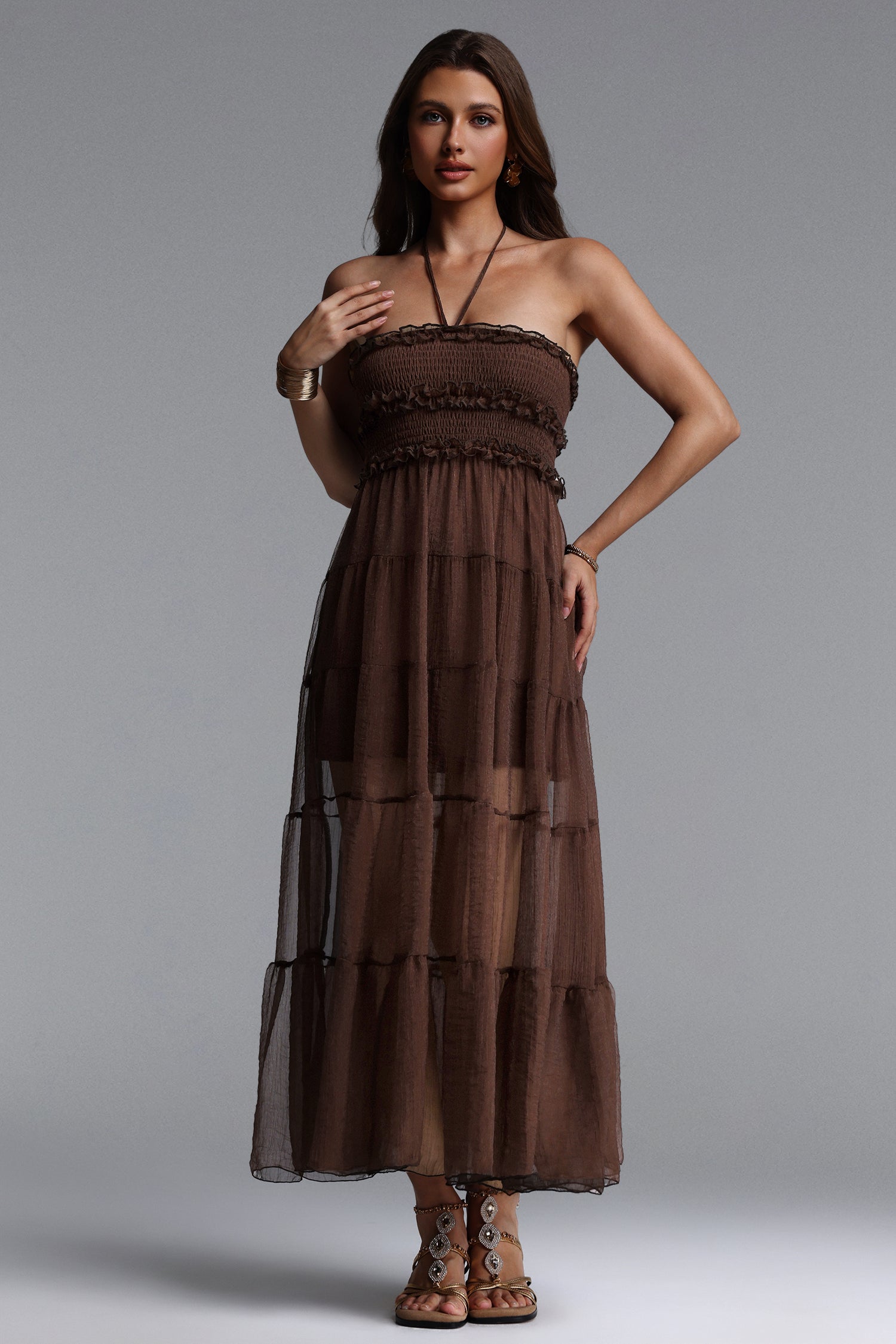 Nadine Resort Flowy Sleeveless Ruffle Ruched Mesh Maxi Dress	