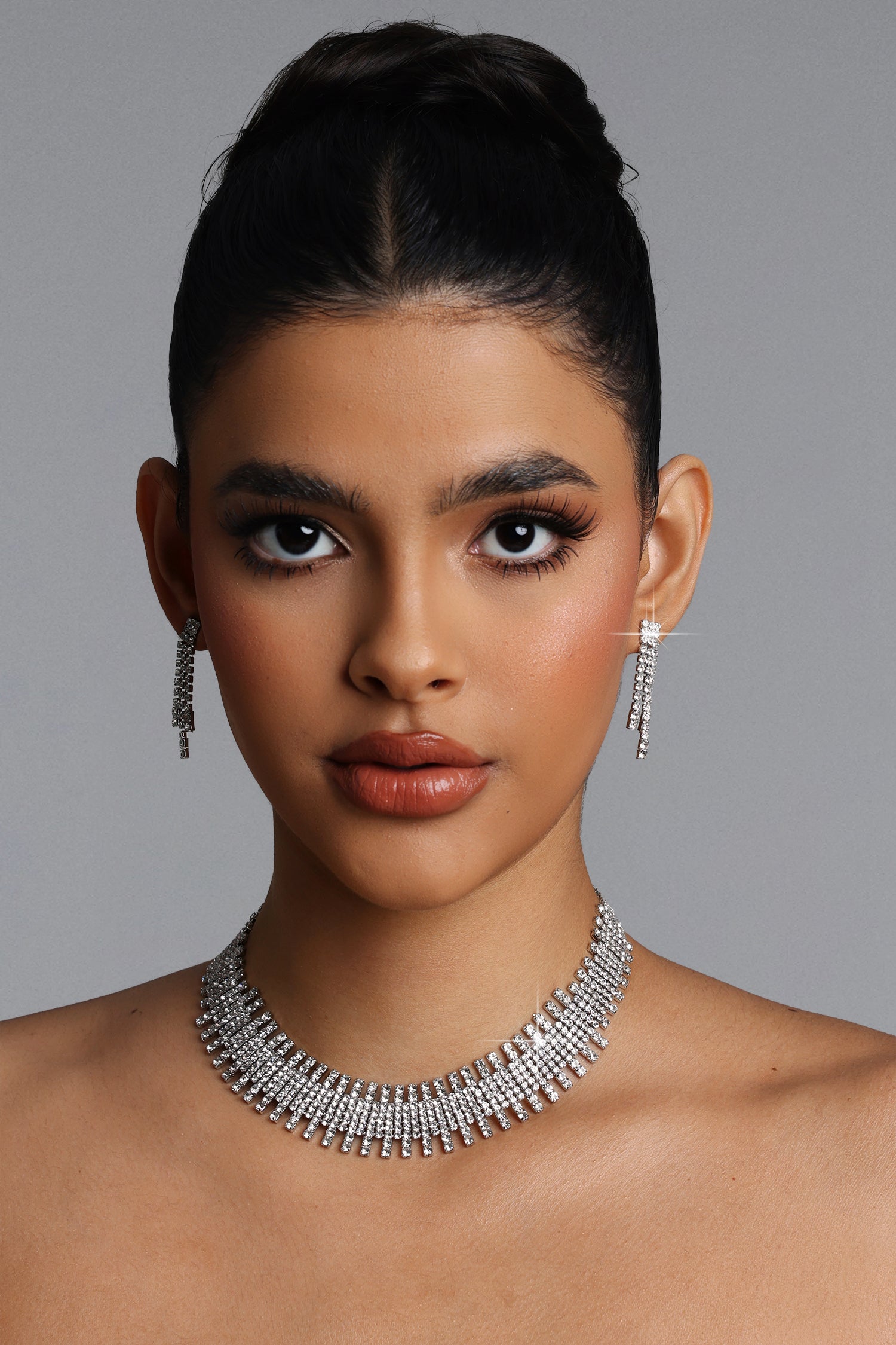 Gerasa Rhinestone Fringe Necklace Earrings Set	
