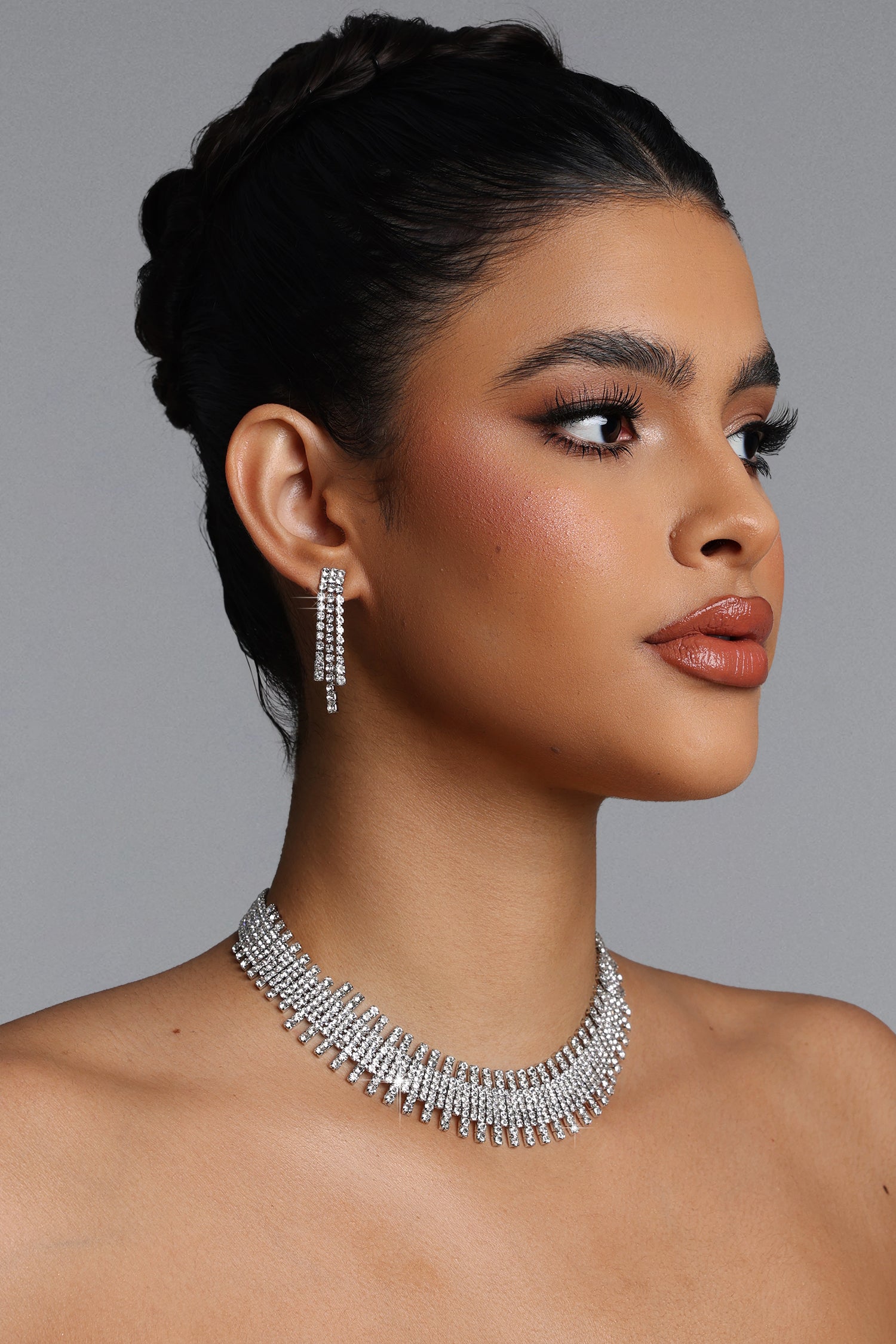 Gerasa Rhinestone Fringe Necklace Earrings Set	