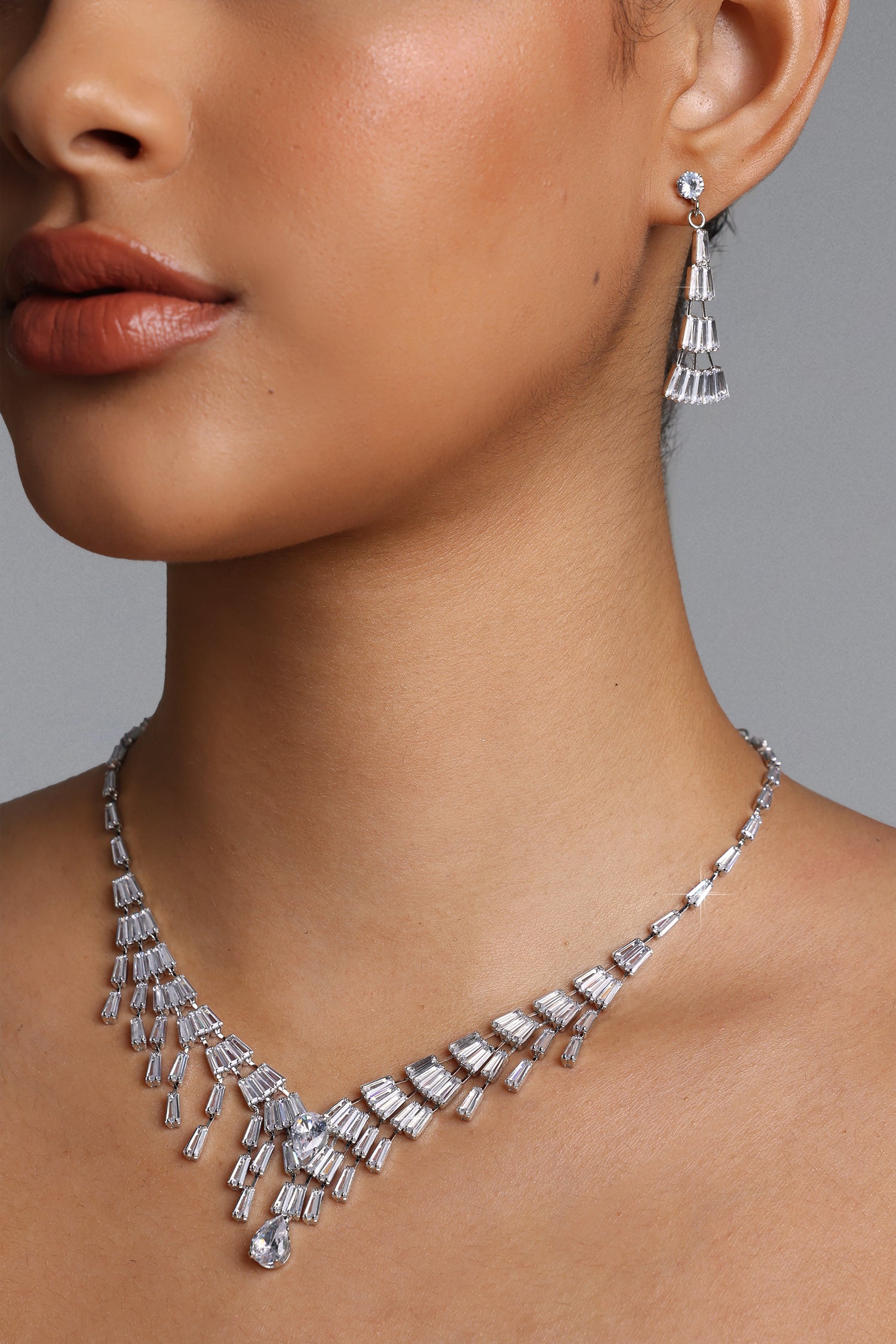 Mensa Baguette Crystal Fringe Necklace Earrings Set	