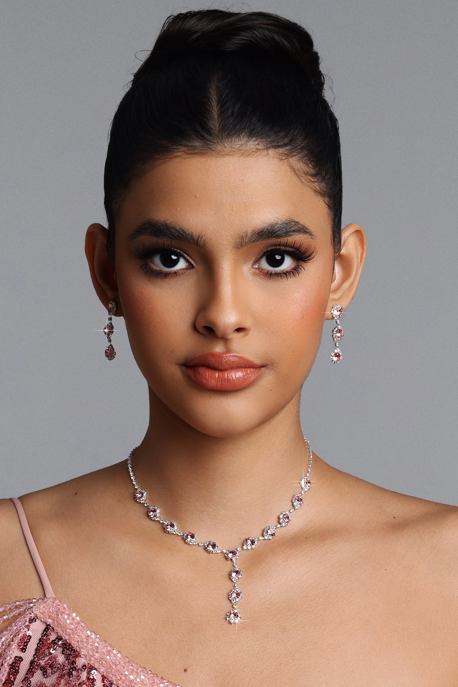 Uri Pink Y Shaped Halo Crystal Necklace Earrings Set	