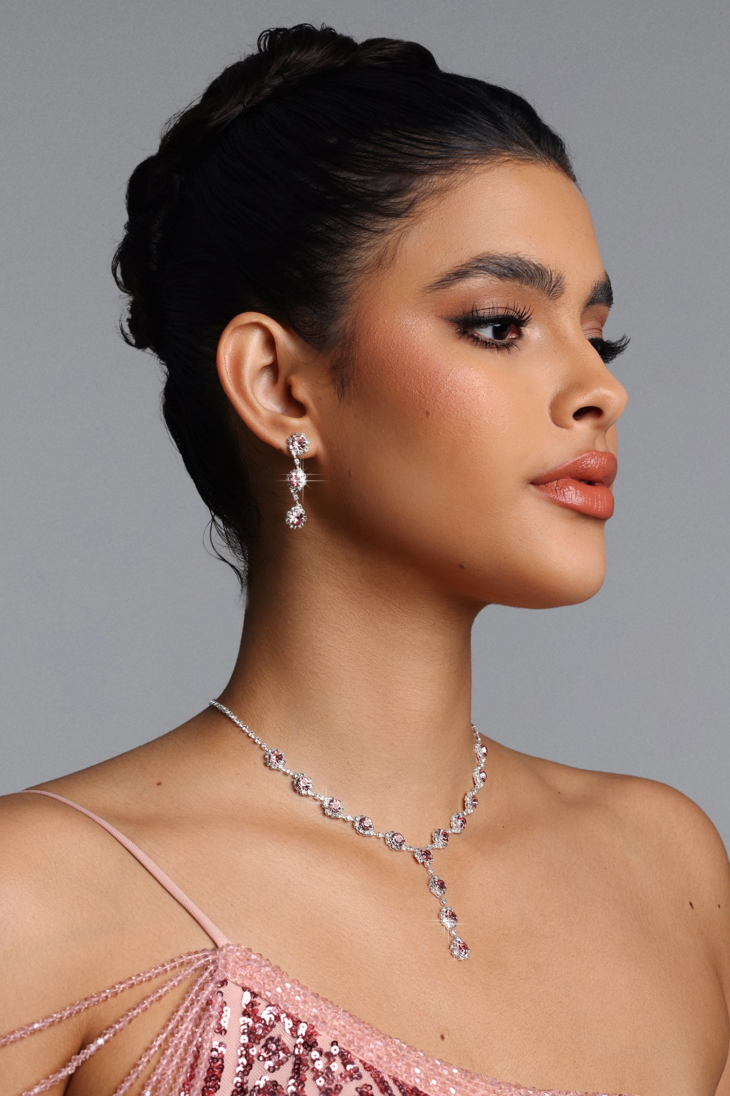 Uri Pink Y Shaped Halo Crystal Necklace Earrings Set	