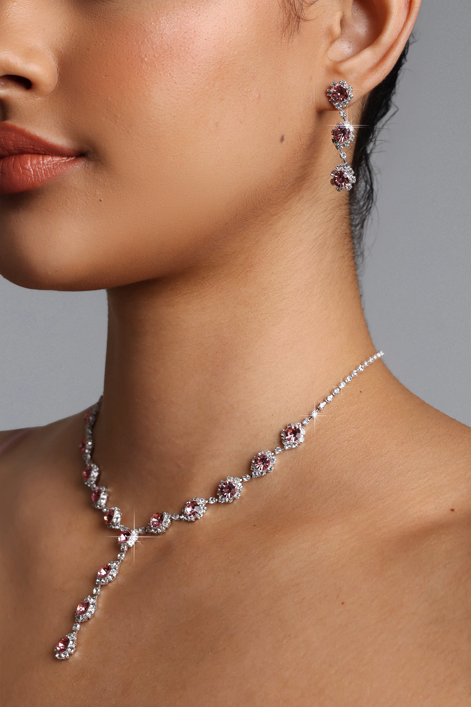 Uri Pink Y Shaped Halo Crystal Necklace Earrings Set	