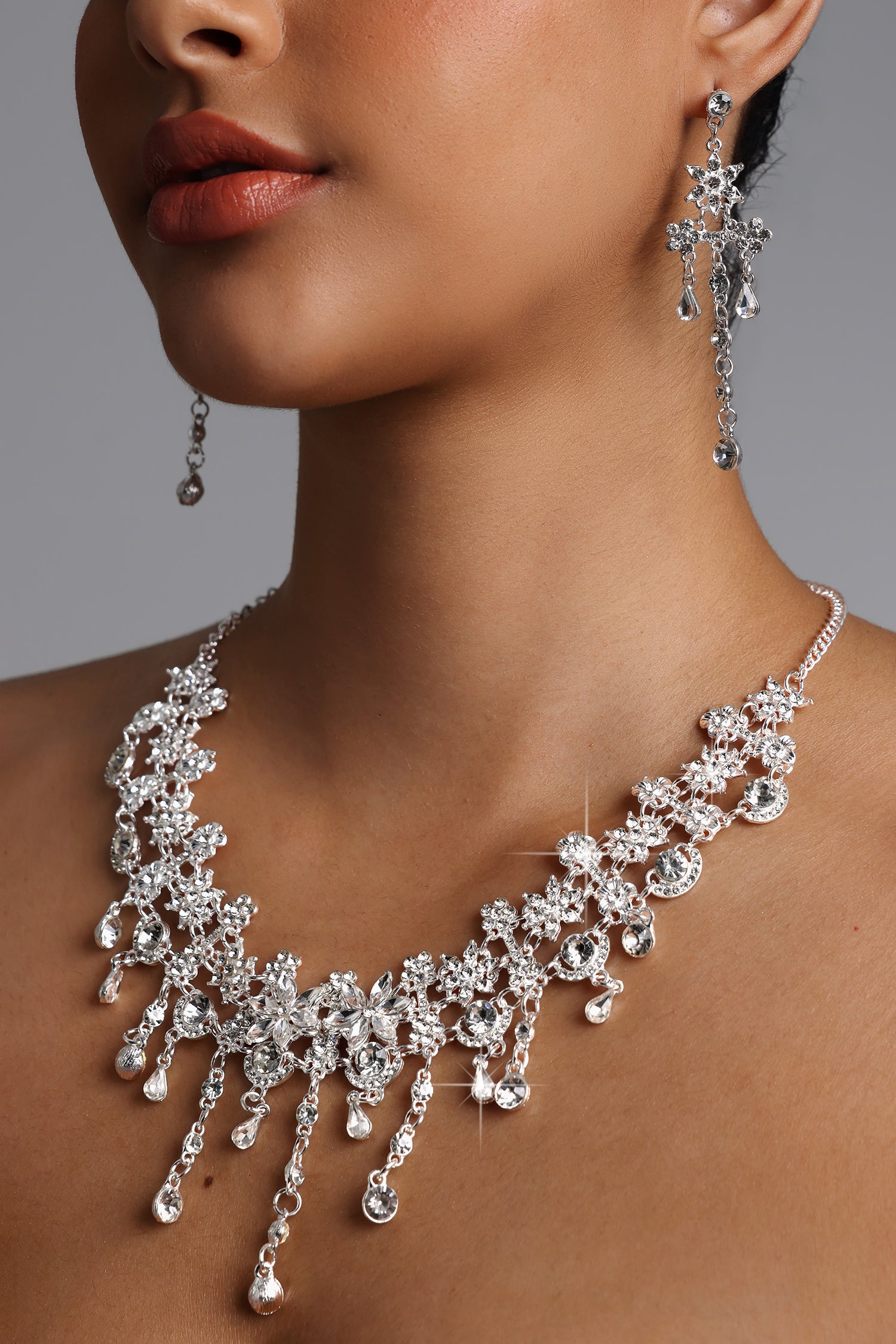 Zada Crystal Fringe Choker Necklace  Earrings Set	