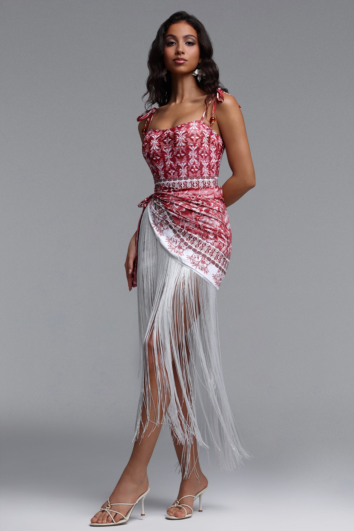 Trosy Resort Flowy Fringe Print One Piece Swimsuit Two Piece Set	