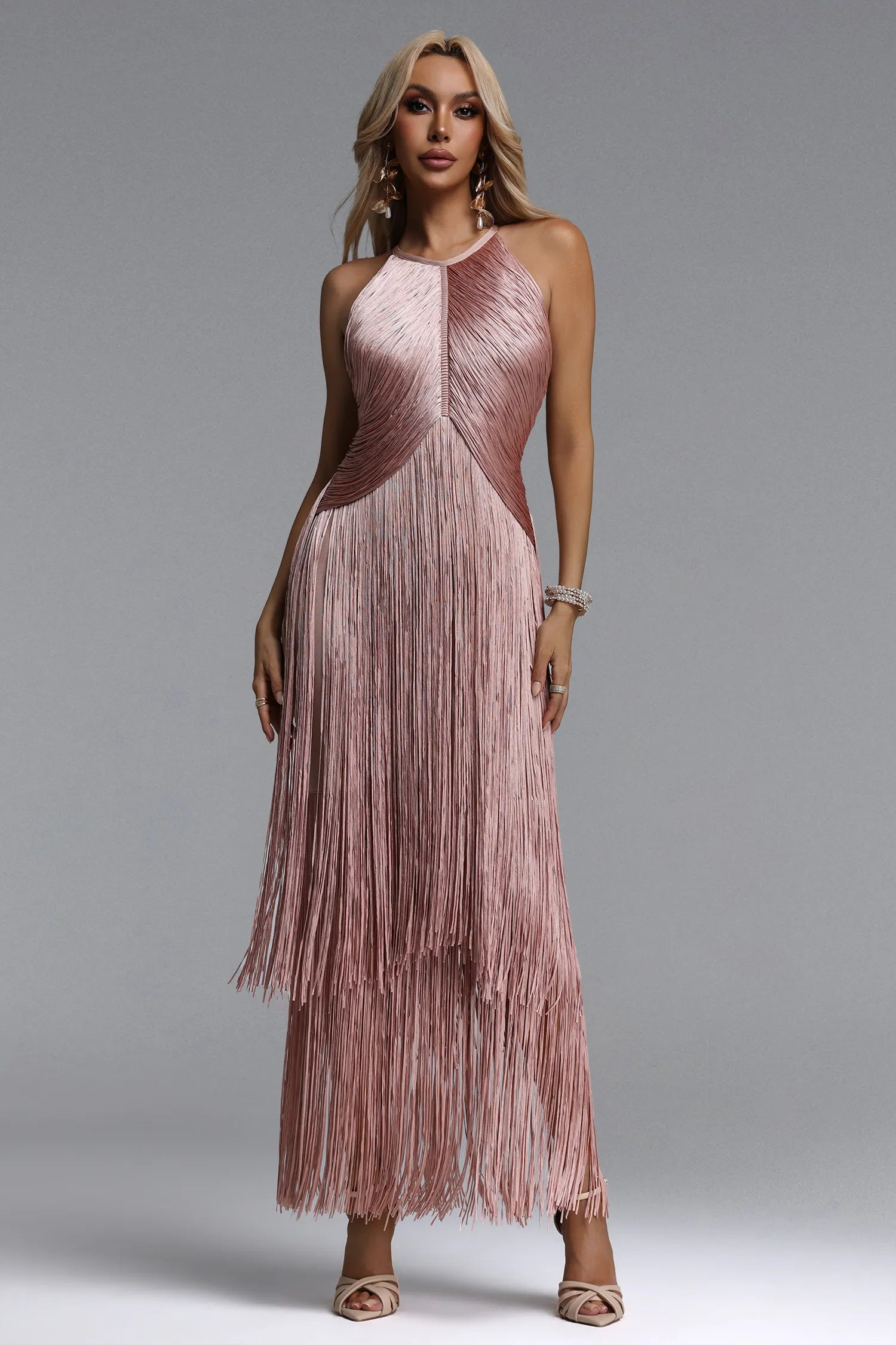 Taye Classic Contour Halter Fringe Bandage Pink Maxi Dress