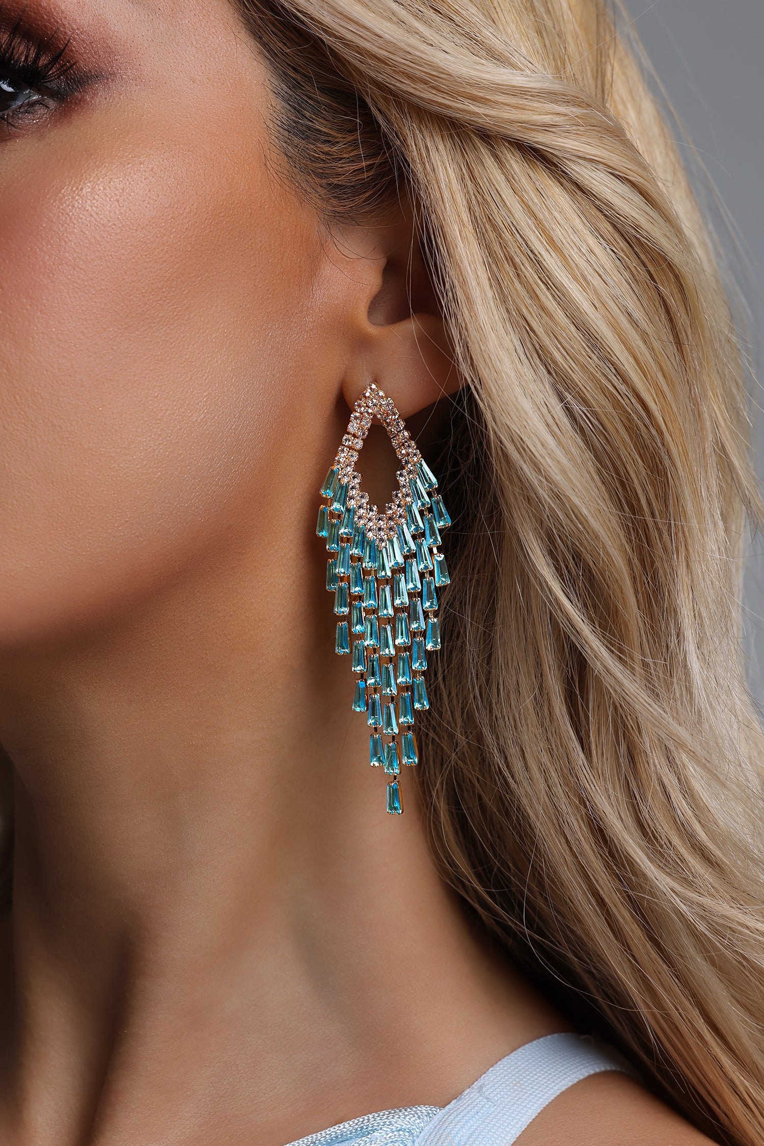 Melia Cut Out Triangle Blue Crystal Fringe Dangle Earrings	
