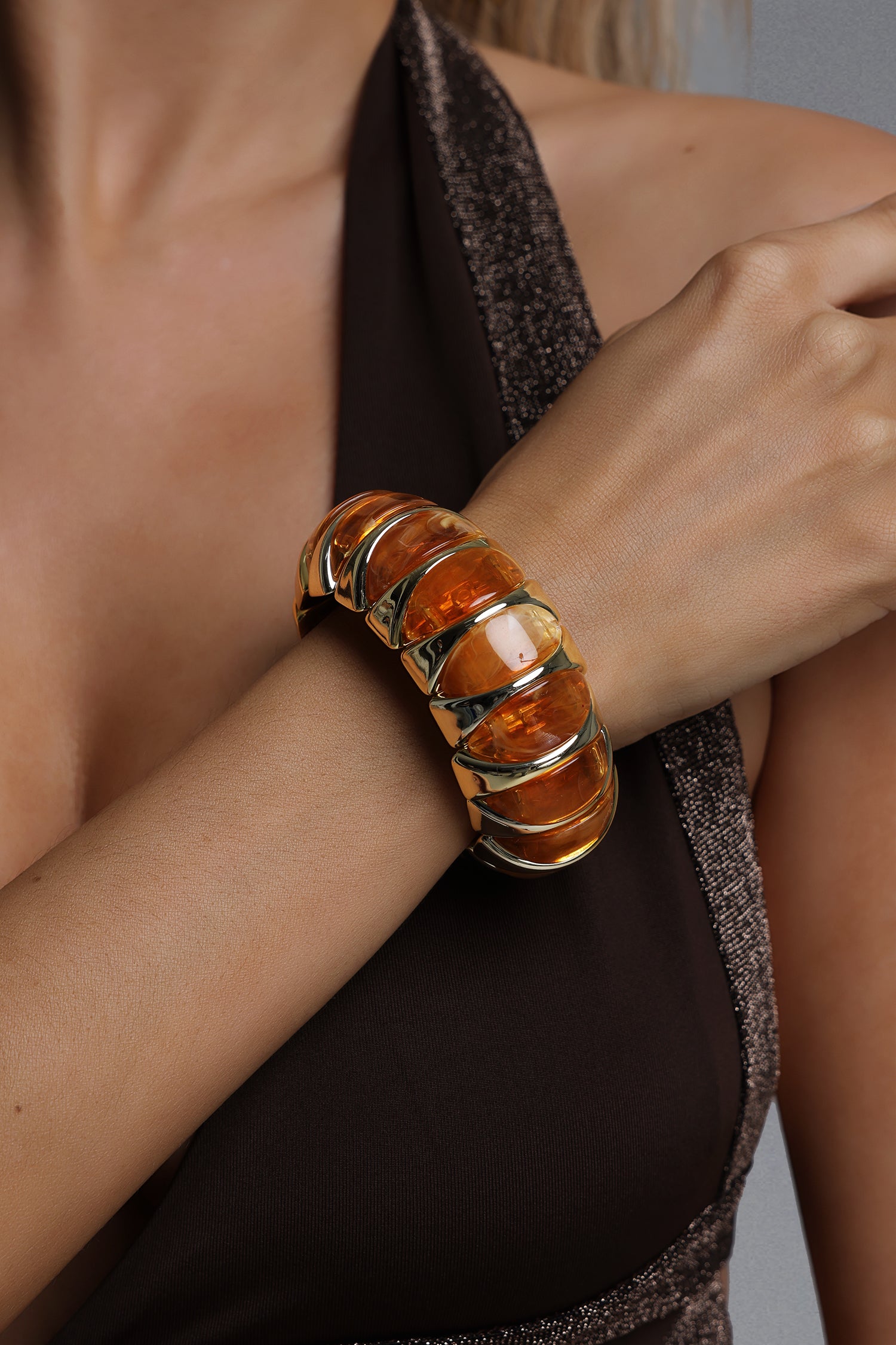 Myra Segmented Amber Resin and Metal Bangle	