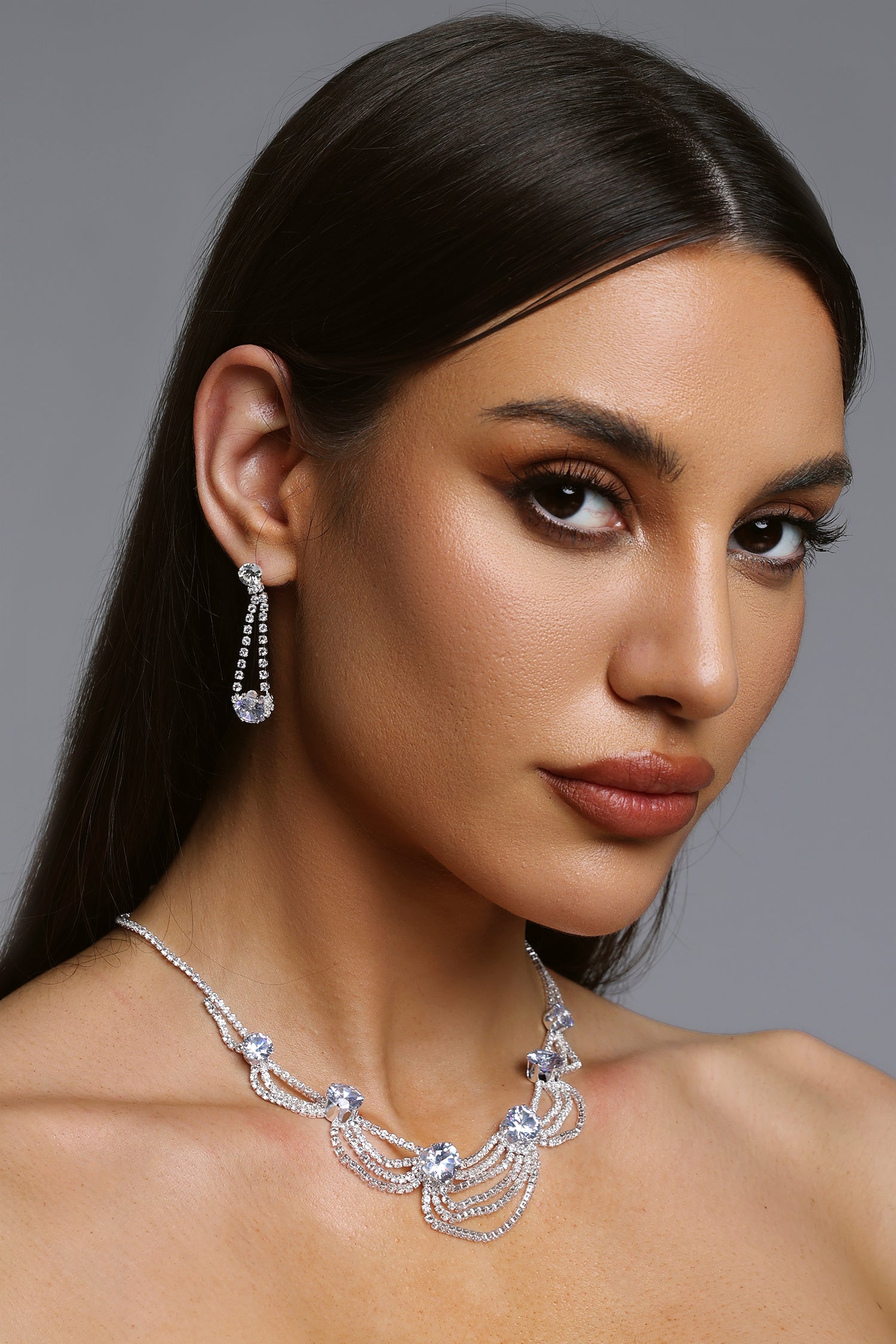 Zarinny Multi Layer Tassel Cubic  Necklace And Earrings Set	