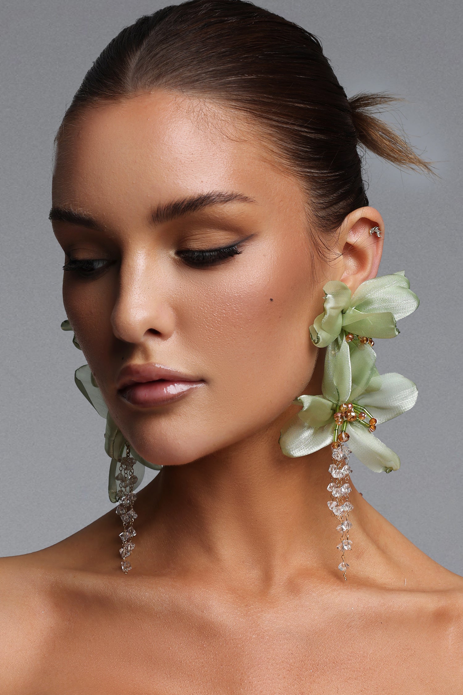 Lalie Fabric Flower Crystal Tassel Earrings	