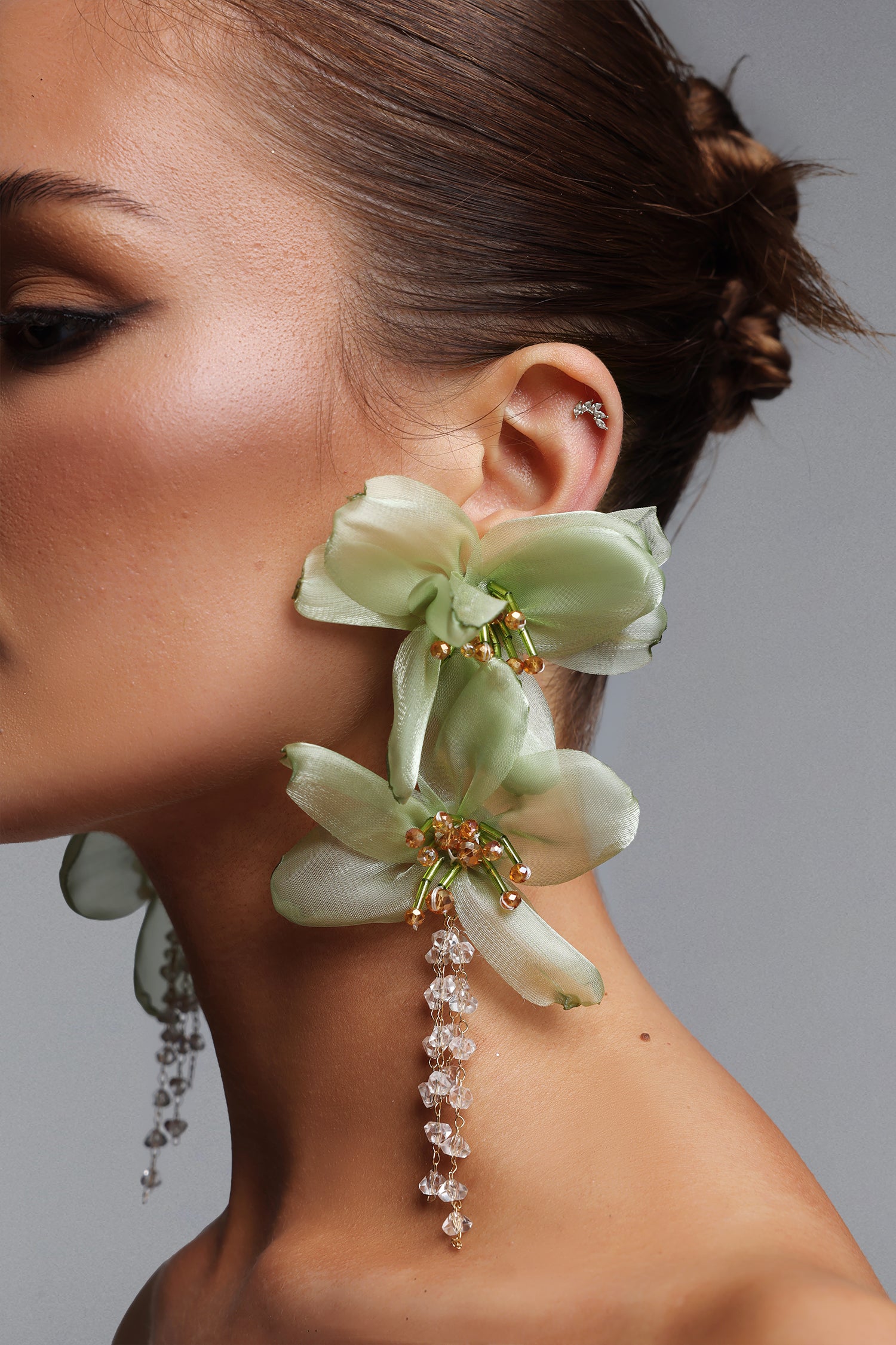 Lalie Fabric Flower Crystal Tassel Earrings	