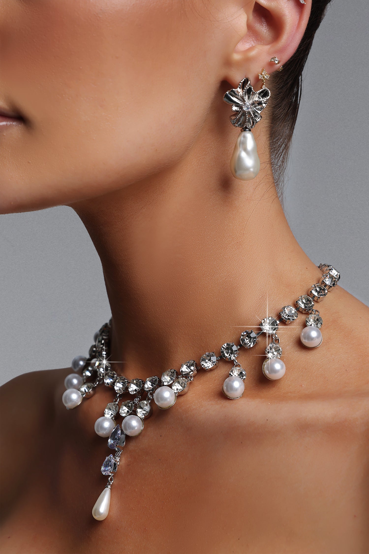 Elva Crystal Pearl Teardrop Tassel Choker Necklace	