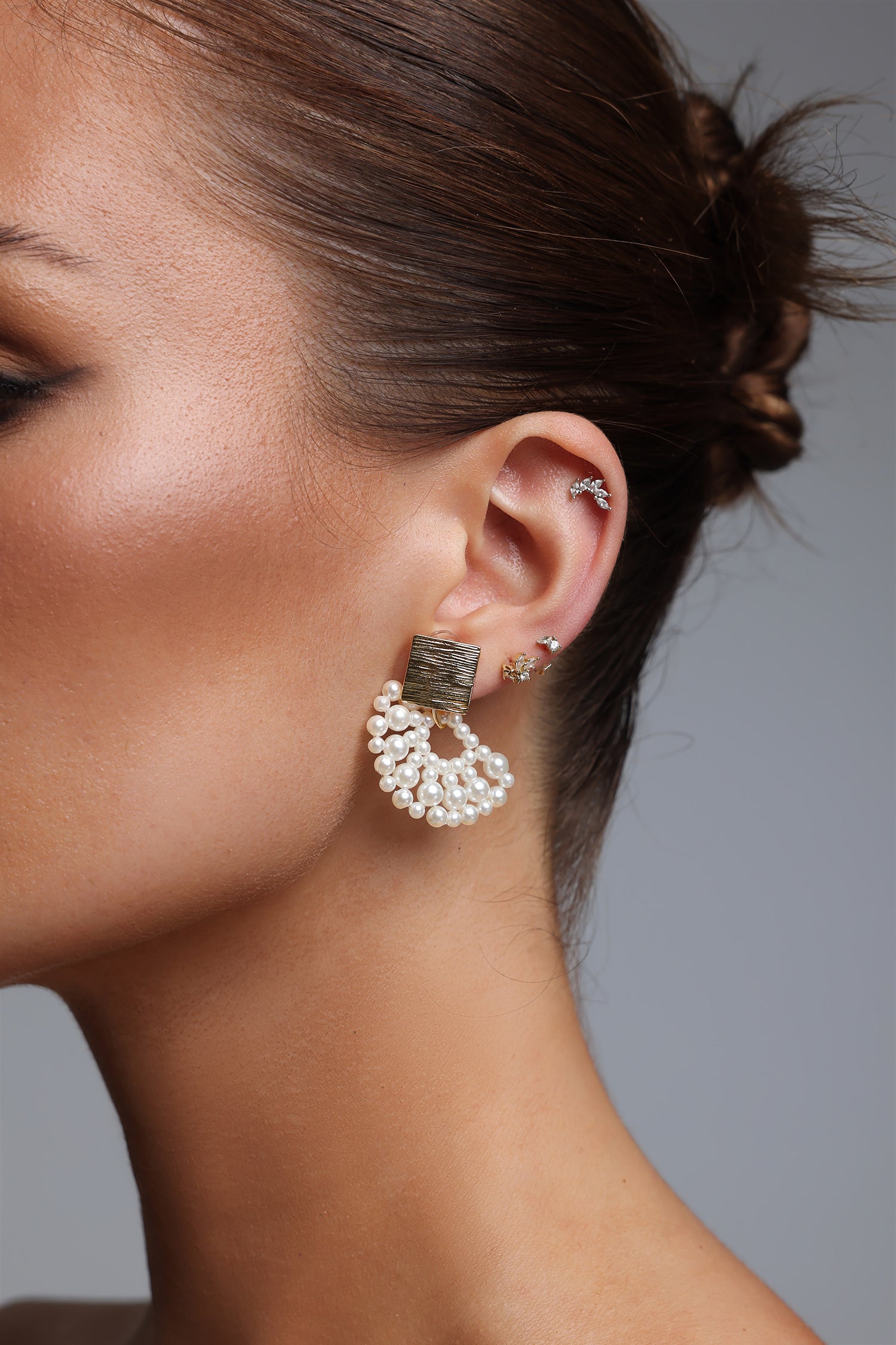 Nikola Brushed Square Hollow Pearl Fan-Shaped Earrings	