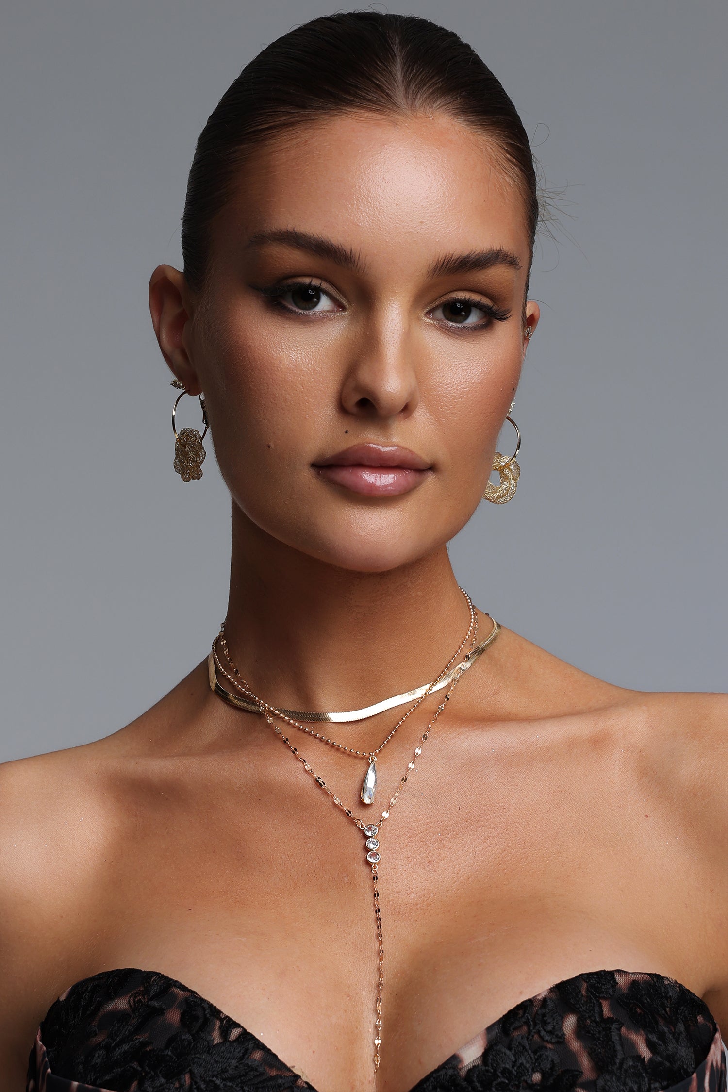 Zeno Triple Layer Herringbone Teardrop Crystal Y Drop Necklace	
