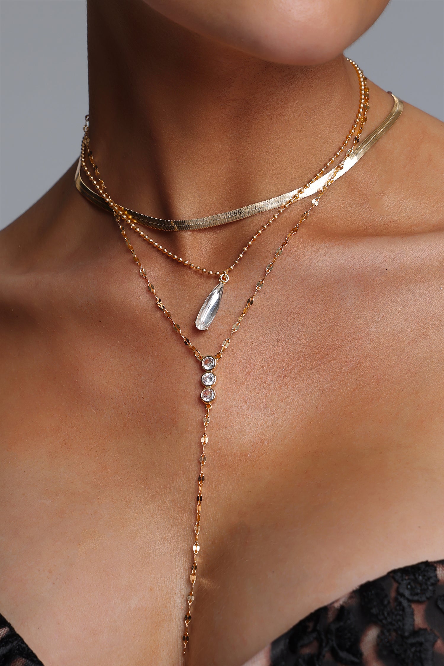 Zeno Triple Layer Herringbone Teardrop Crystal Y Drop Necklace	