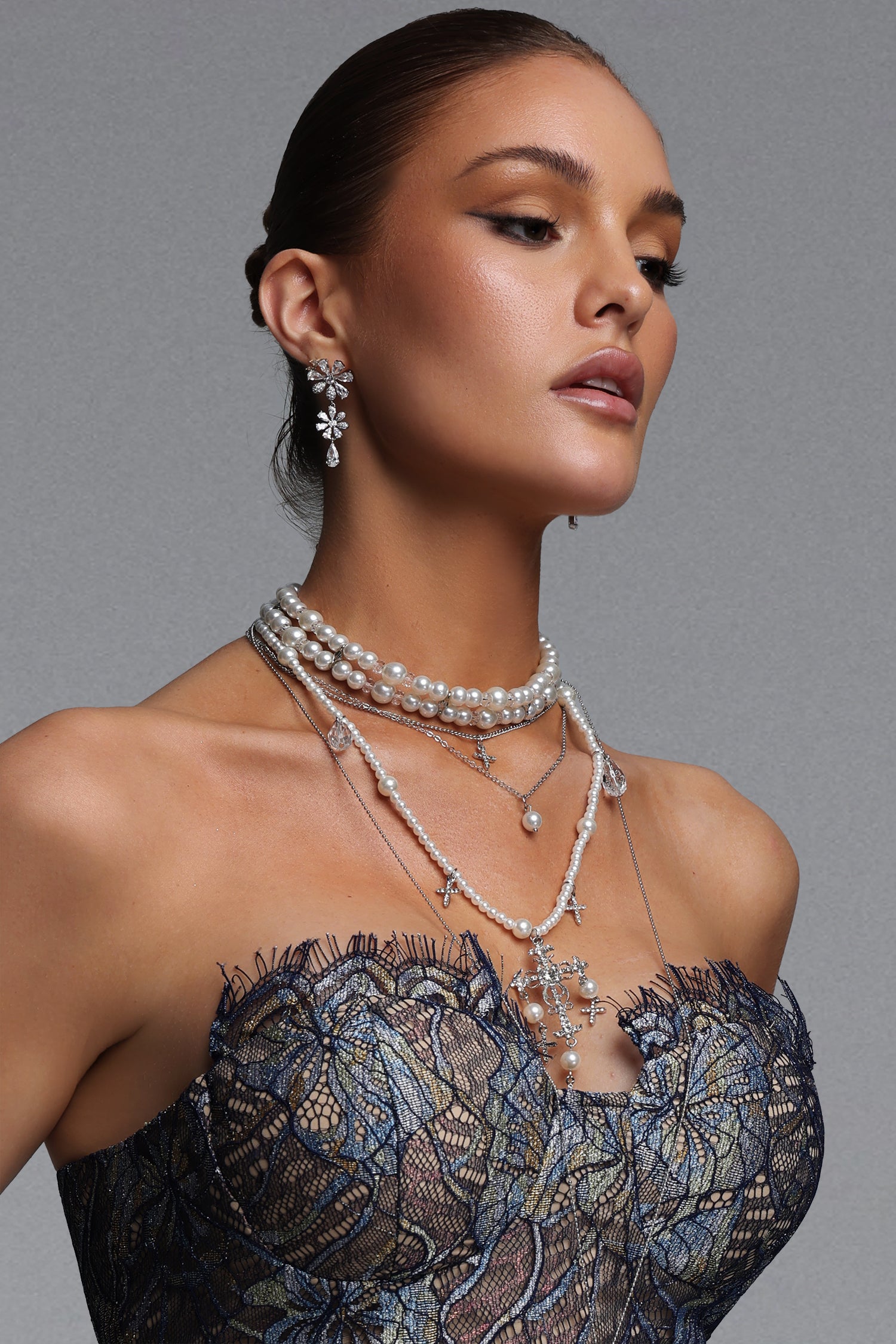 Sophiess Multi Layer Pearl Cross Rhinestone Tassel Necklace	