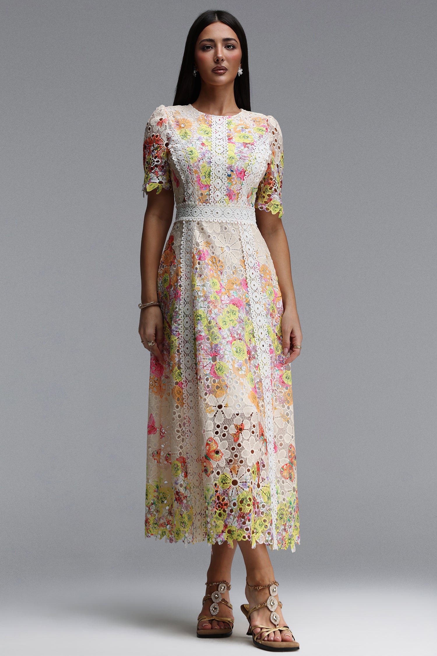 Pillose Resort Cinched Round Neck Short Sleeve Floral Print Lace Yellow Maxi Dress	