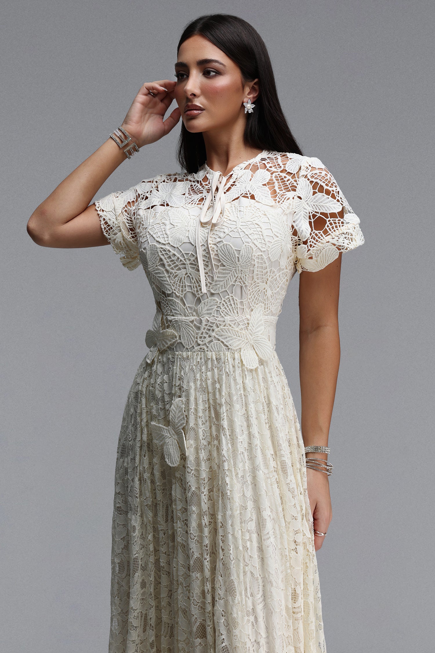 Taffy Elegant Cinched Short Sleeve Butterfly Floral Lace Maxi Dress	