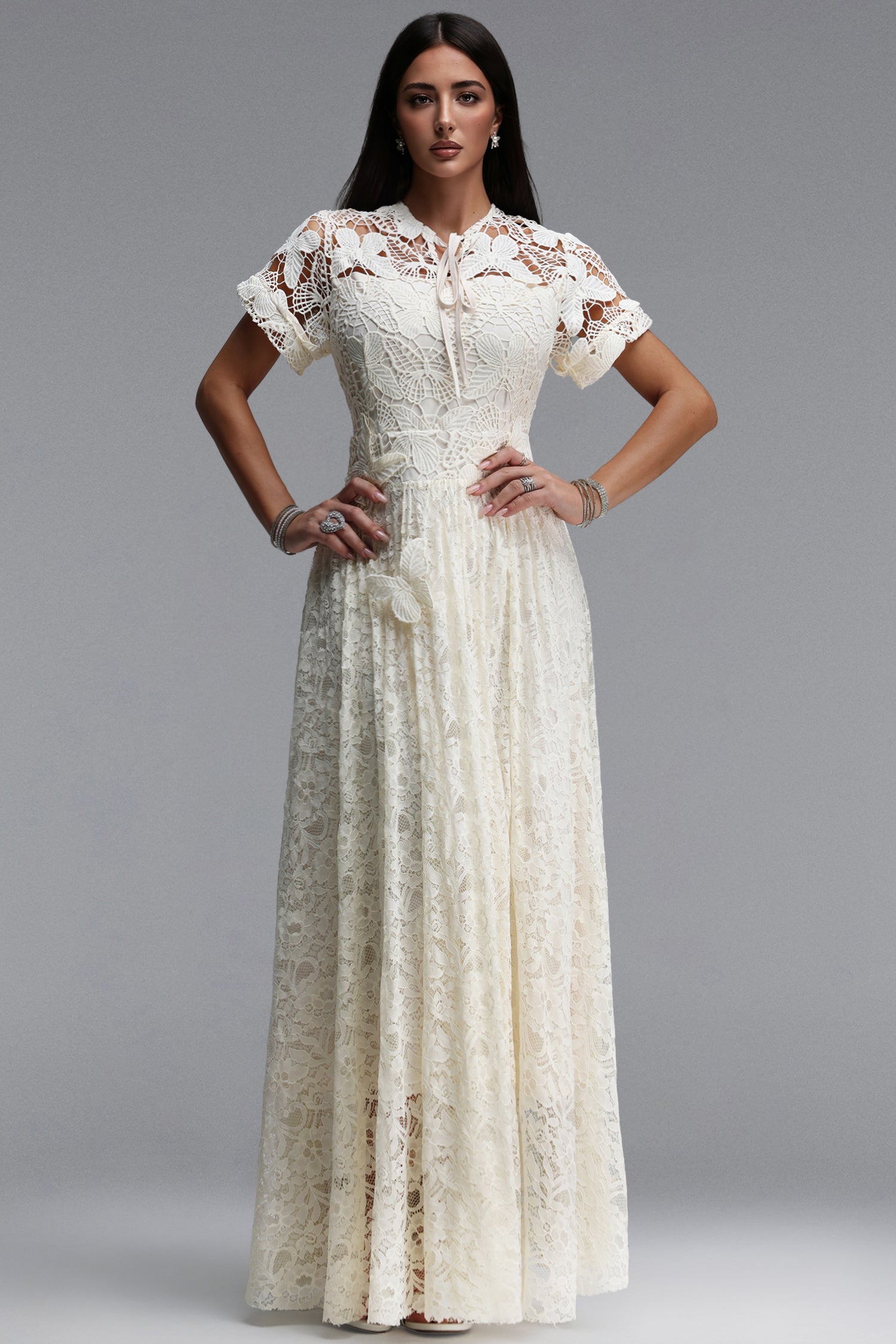 Taffy Elegant Cinched Short Sleeve Butterfly Floral Lace Maxi Dress	