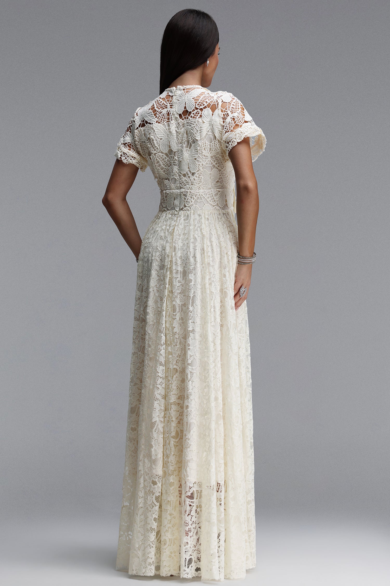 Taffy Elegant Cinched Short Sleeve Butterfly Floral Lace Maxi Dress	