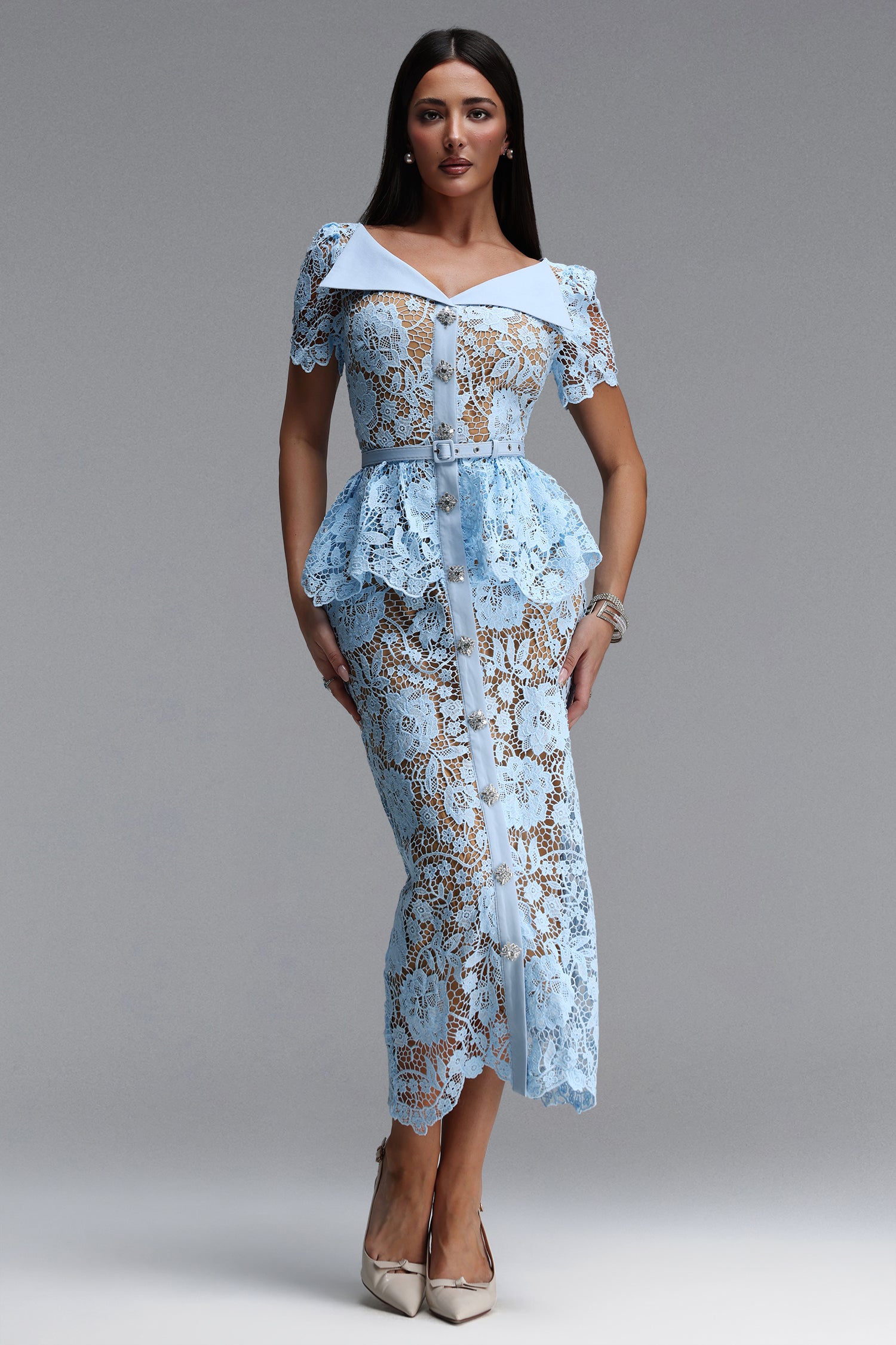 Quinn Elegant Cinched Short Sleeve Floral Lace Blue Maxi Dress	