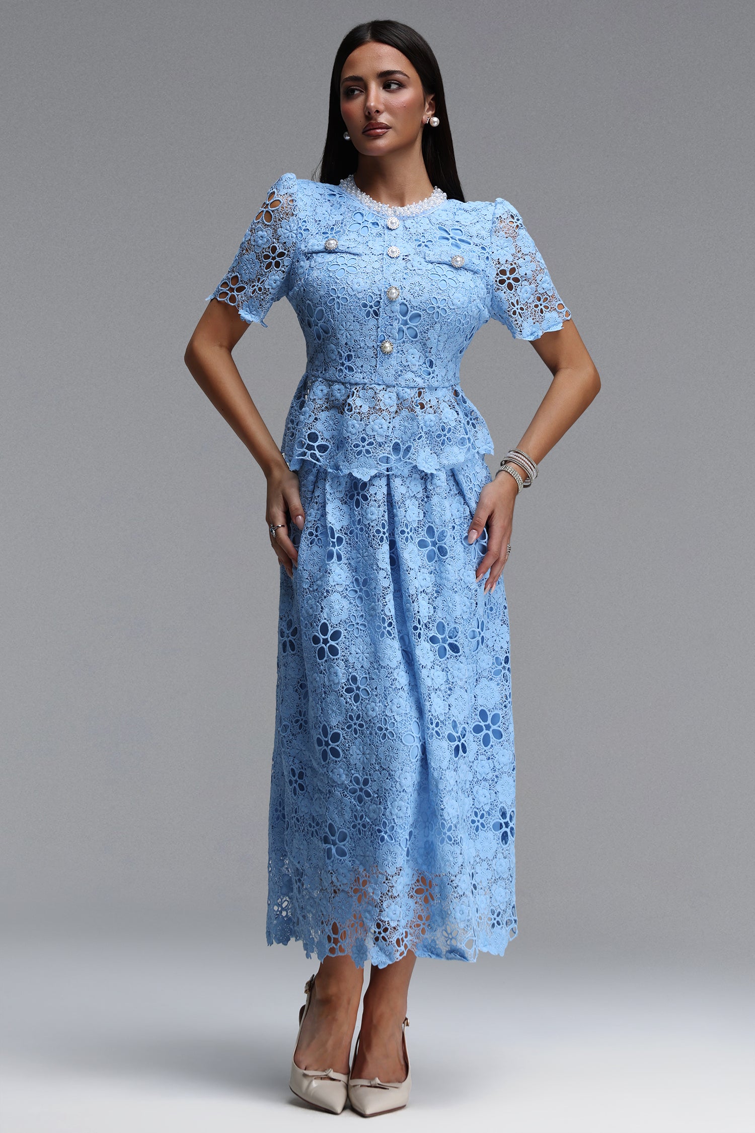 Rue Elegant Tailored Round Neck Short Sleeve Floral Lace Maxi Dress	