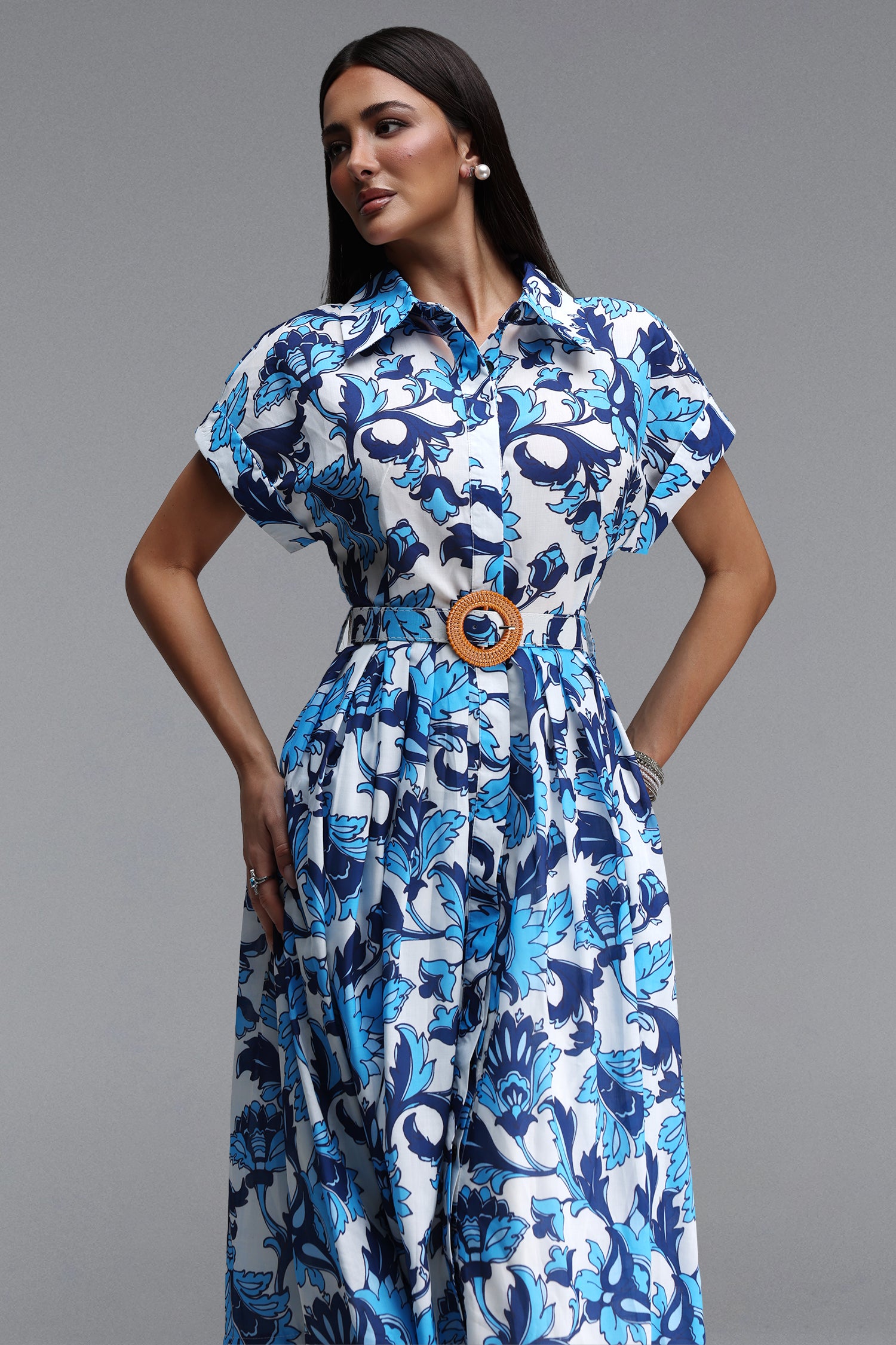 Valor Resort Tailored Short Sleeve Print Woven Maxi Dress	