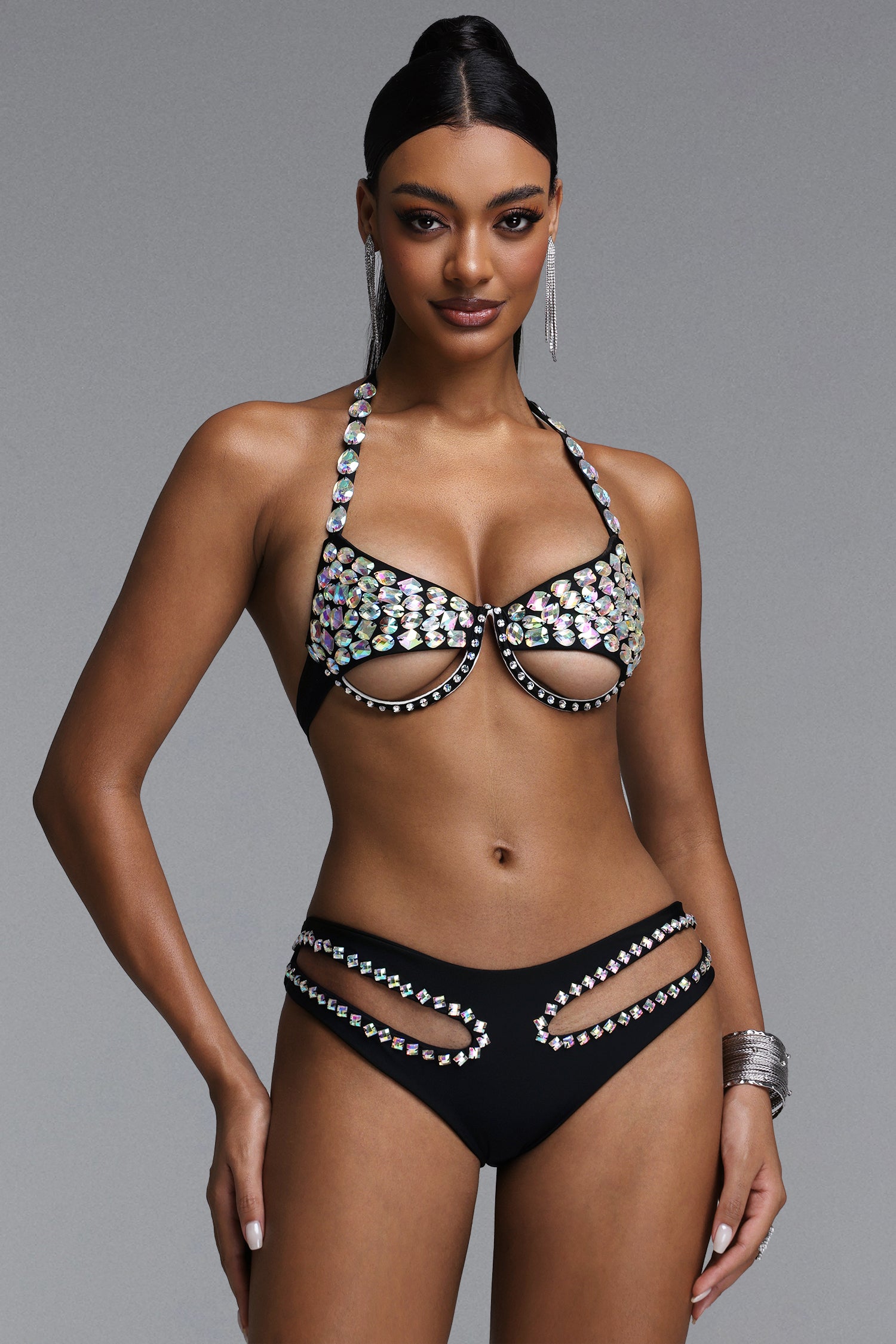 Kerin Glam Halter Cutout Full Rhinestone Bikini Set	
