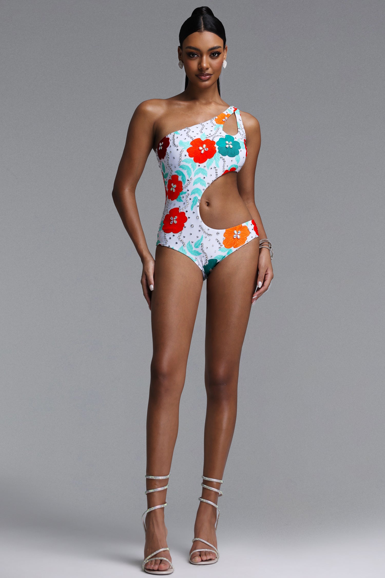 Jaxon Elegant Contour One Shoulder Cut Out Floral Rhinestone One Piece Swimsuit	
