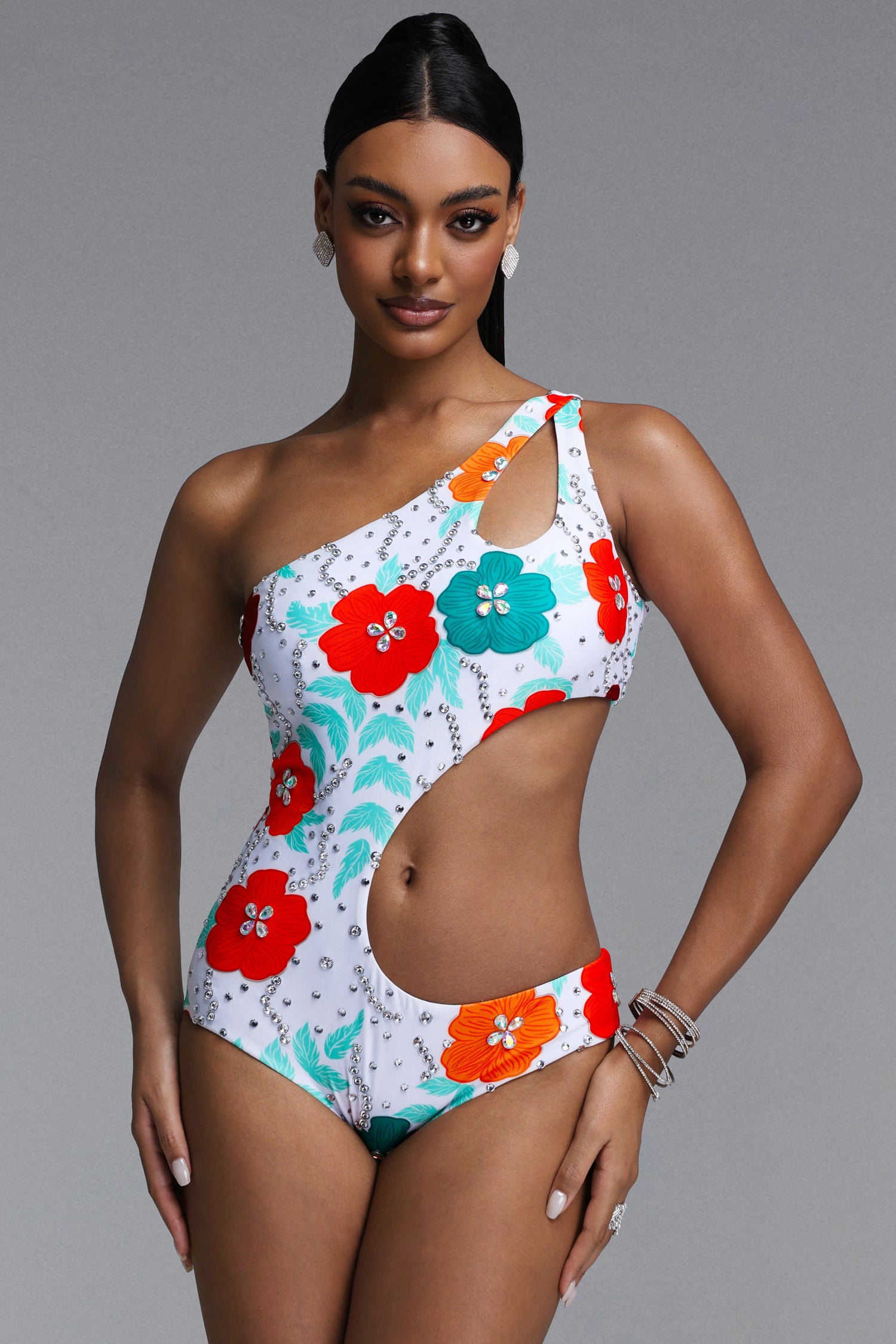 Jaxon Elegant Contour One Shoulder Cut Out Floral Rhinestone One Piece Swimsuit	