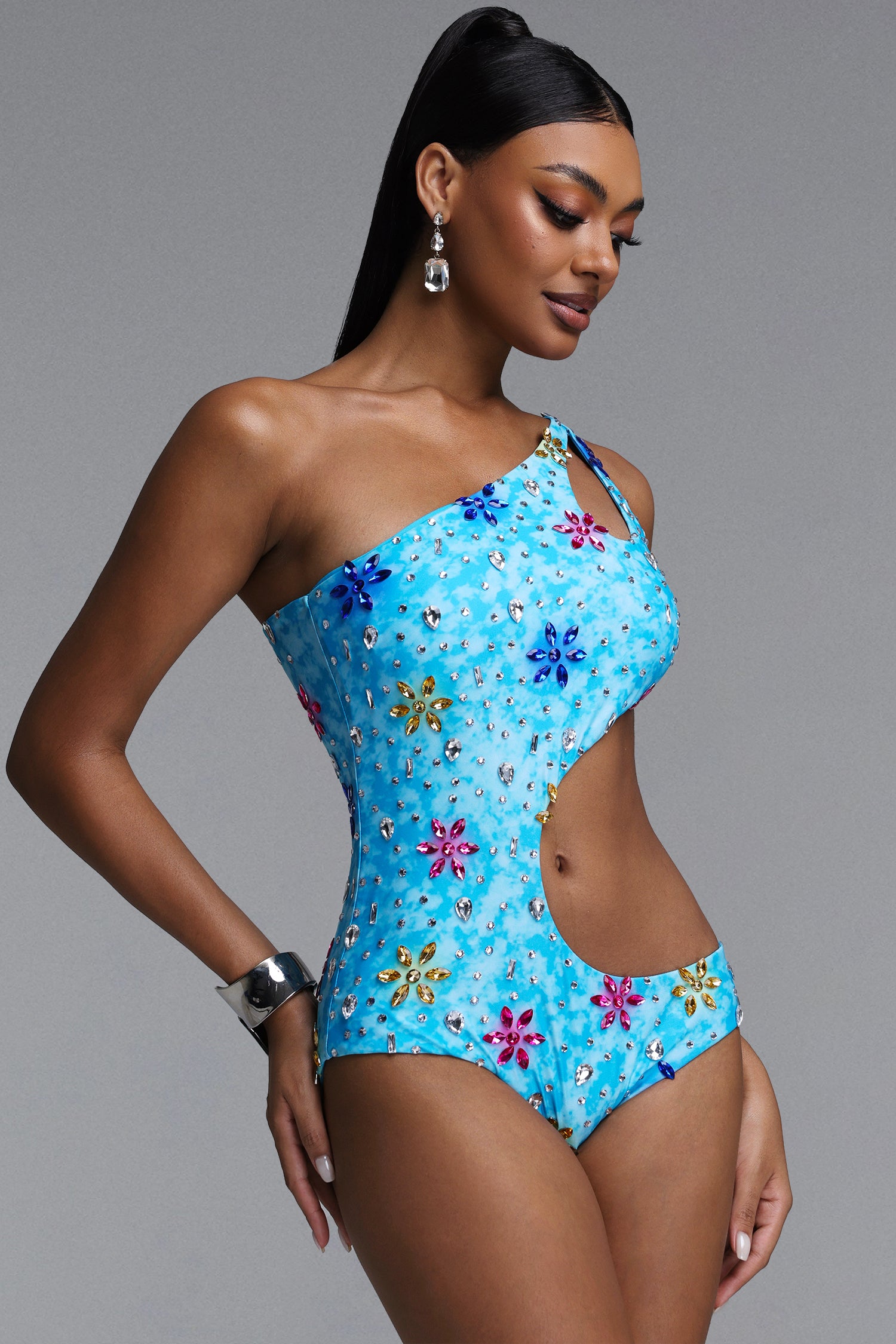 Jaxon Sexy Contour Asymmetric One Shoulder Cut Out Multicolor Floral Rhinestone One Piece Swimsuit	