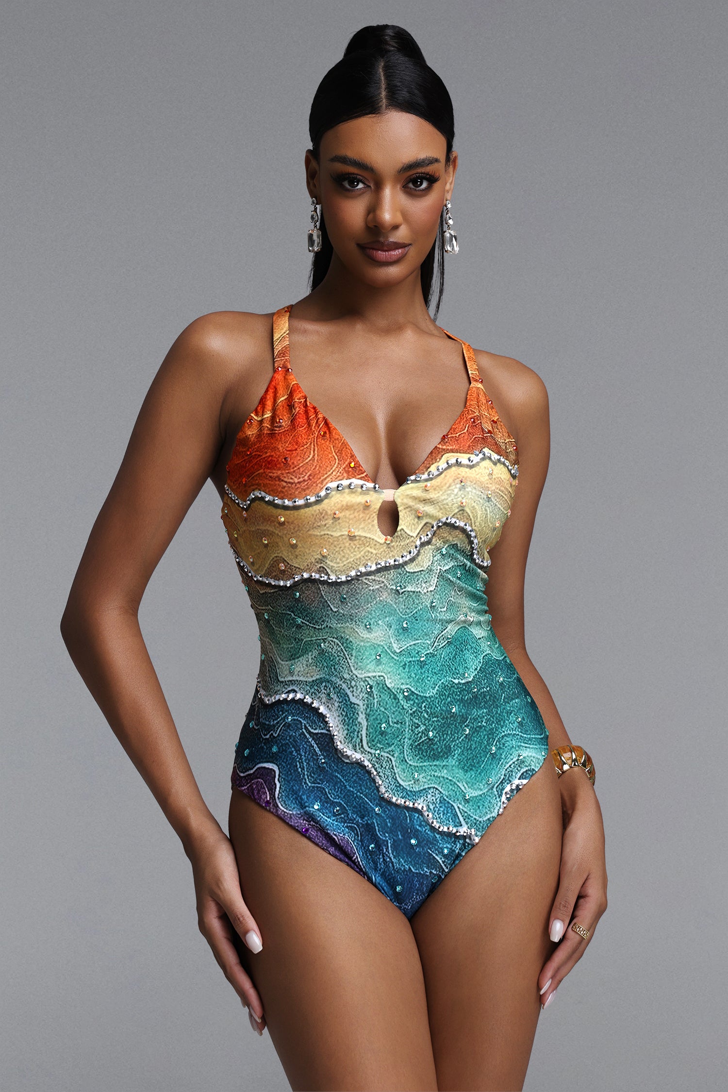 Quany Chic Halter Gradient Topographic Print Rhinestone Trim Swimsuit	