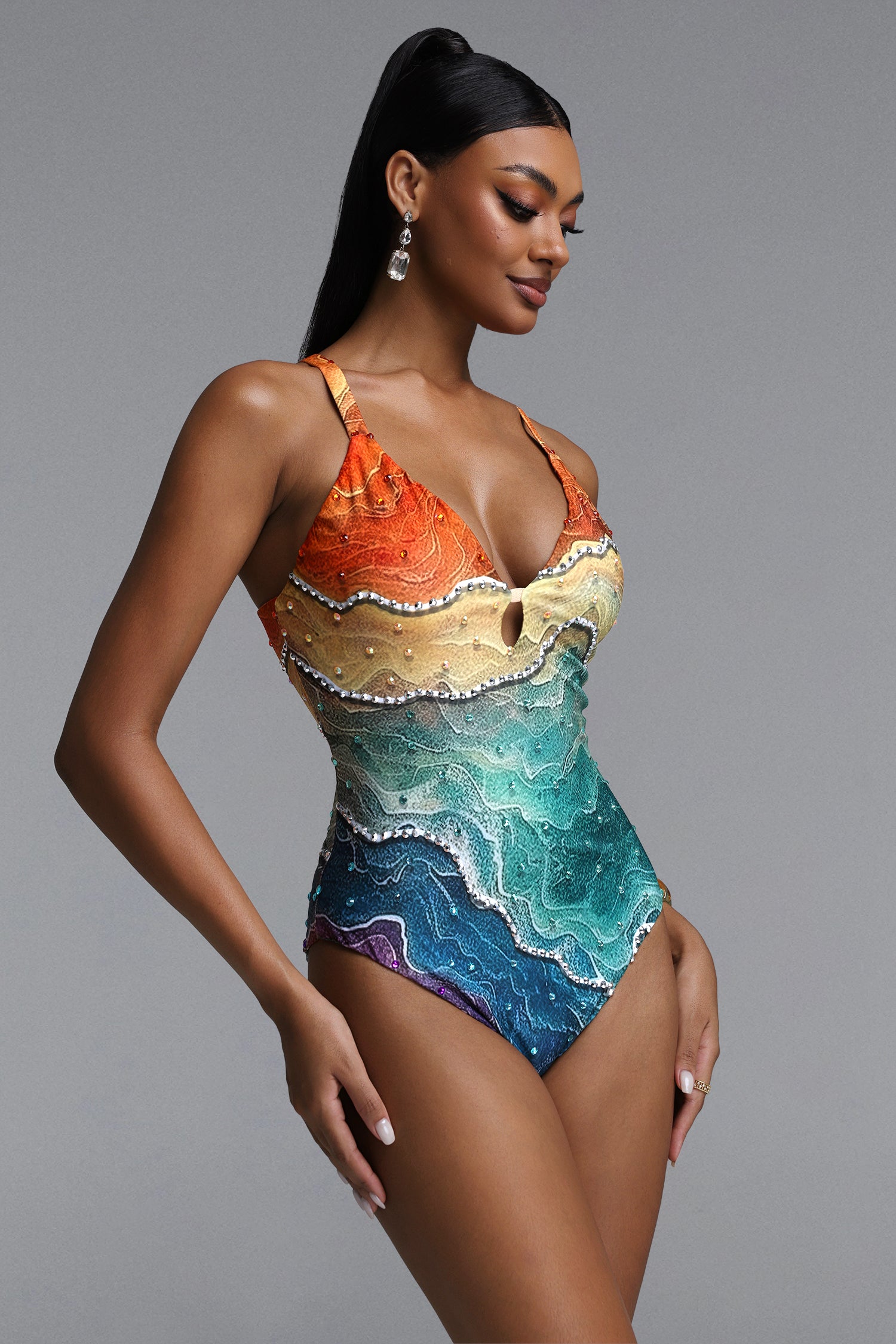 Quany Chic Halter Gradient Topographic Print Rhinestone Trim Swimsuit	