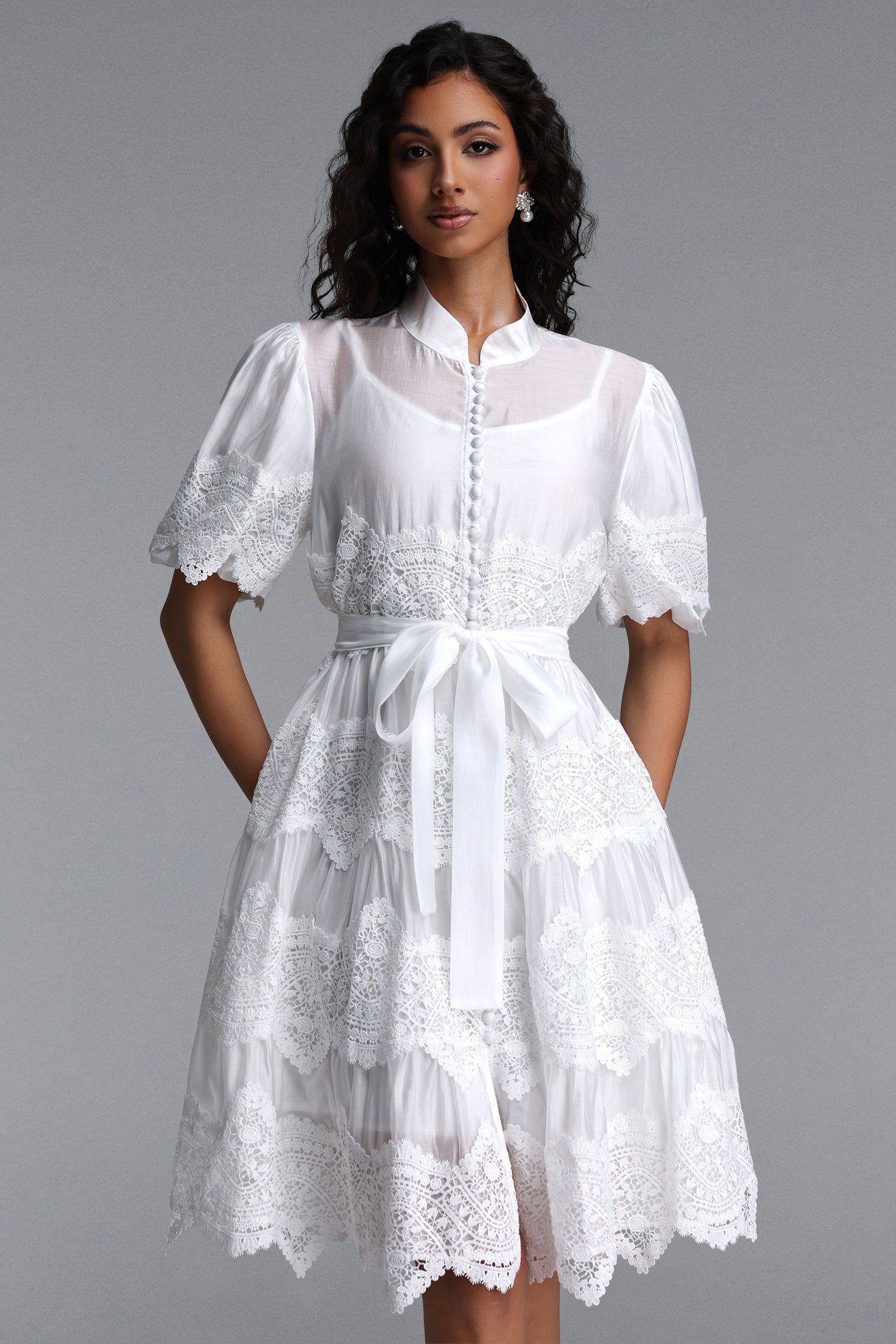 Maci Resort Flowy Puff Sleeve Floral Lace Woven Mini Dress	