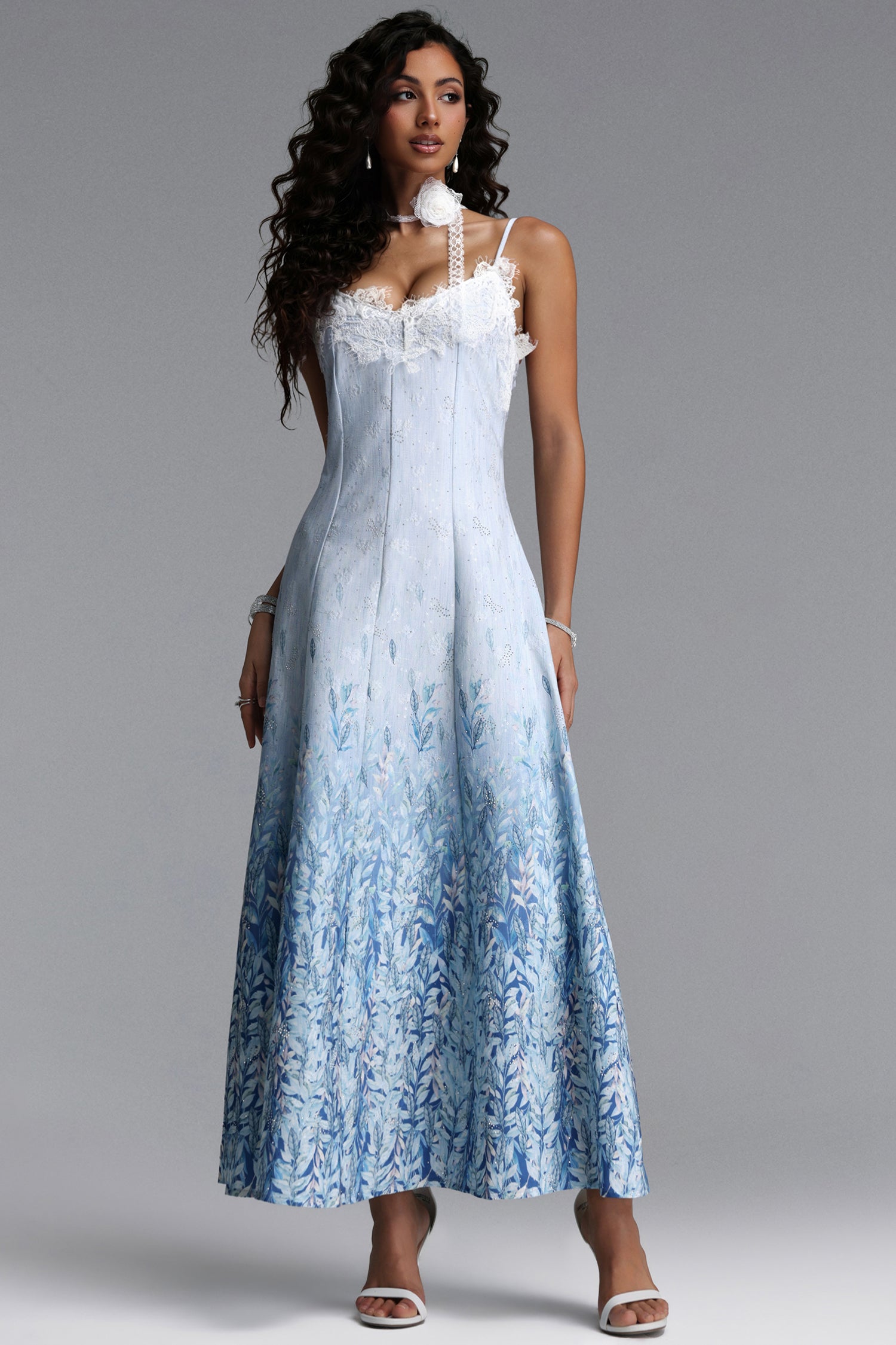 Lape Elegant Tailored Sleeveless Lace Floral Print Rhinestone Woven Maxi Dress	