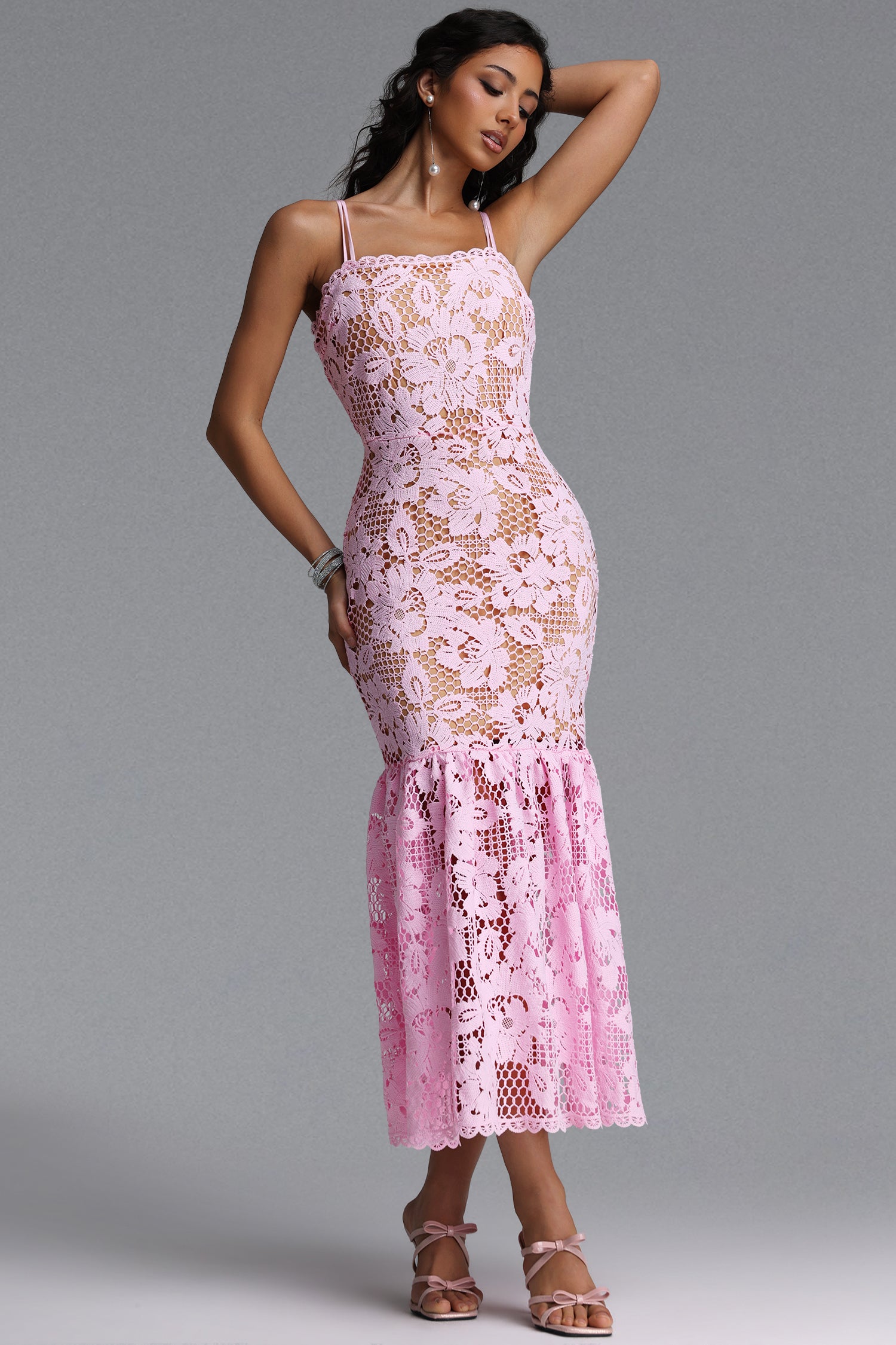 Ruth Elegant Contour Sleeveless Floral Lace Maxi Dress	