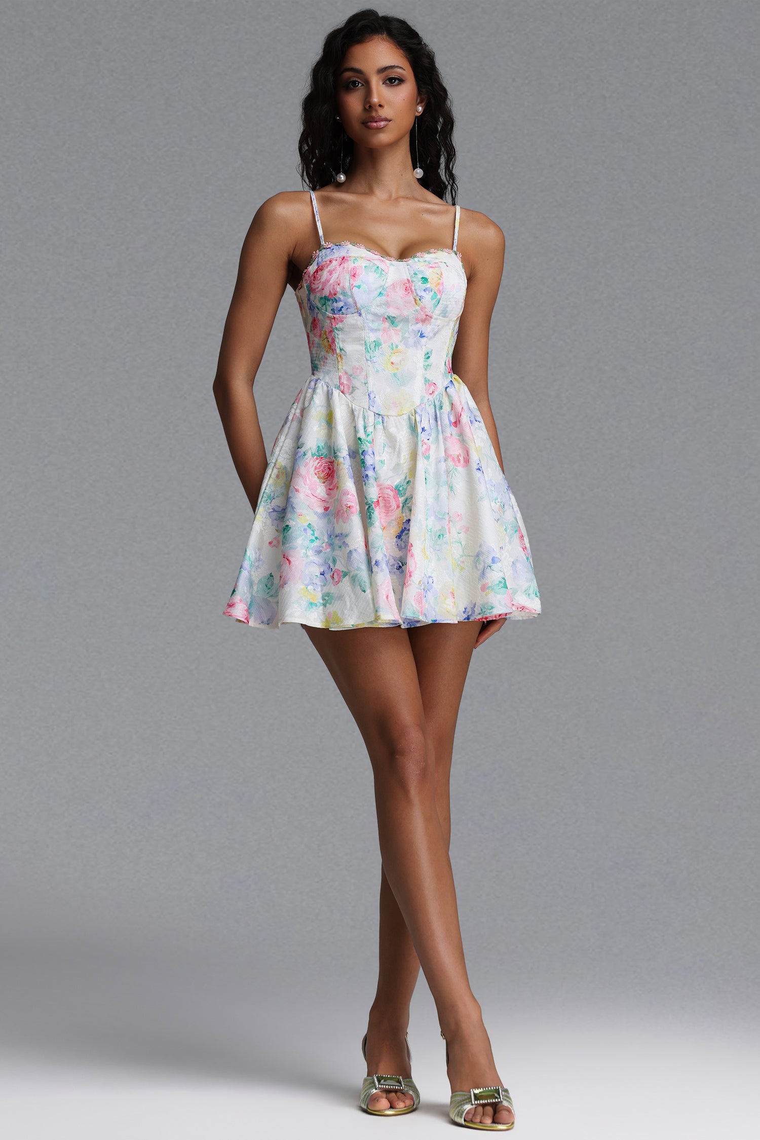 Katrina Resort Cinched Sleeveless Floral Print Woven Mini Dress	