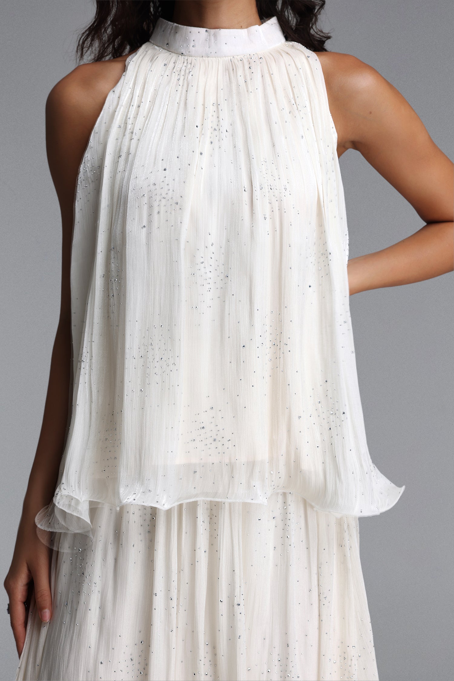 Debra Resort Flowy Sleeveless Rhinestone Woven Beige Top and Skirt Two Piece Set	