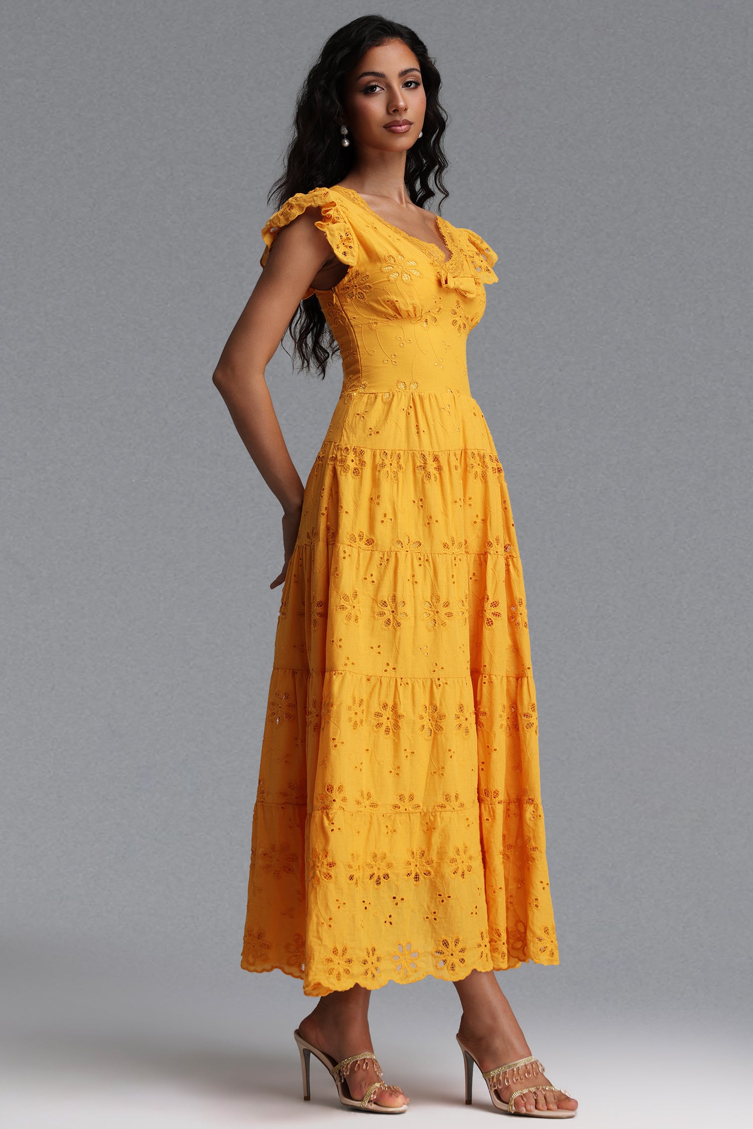 Jerlyn Resort Flowy V Neck Sleeveless Bow Ruffle Woven Maxi Dress	