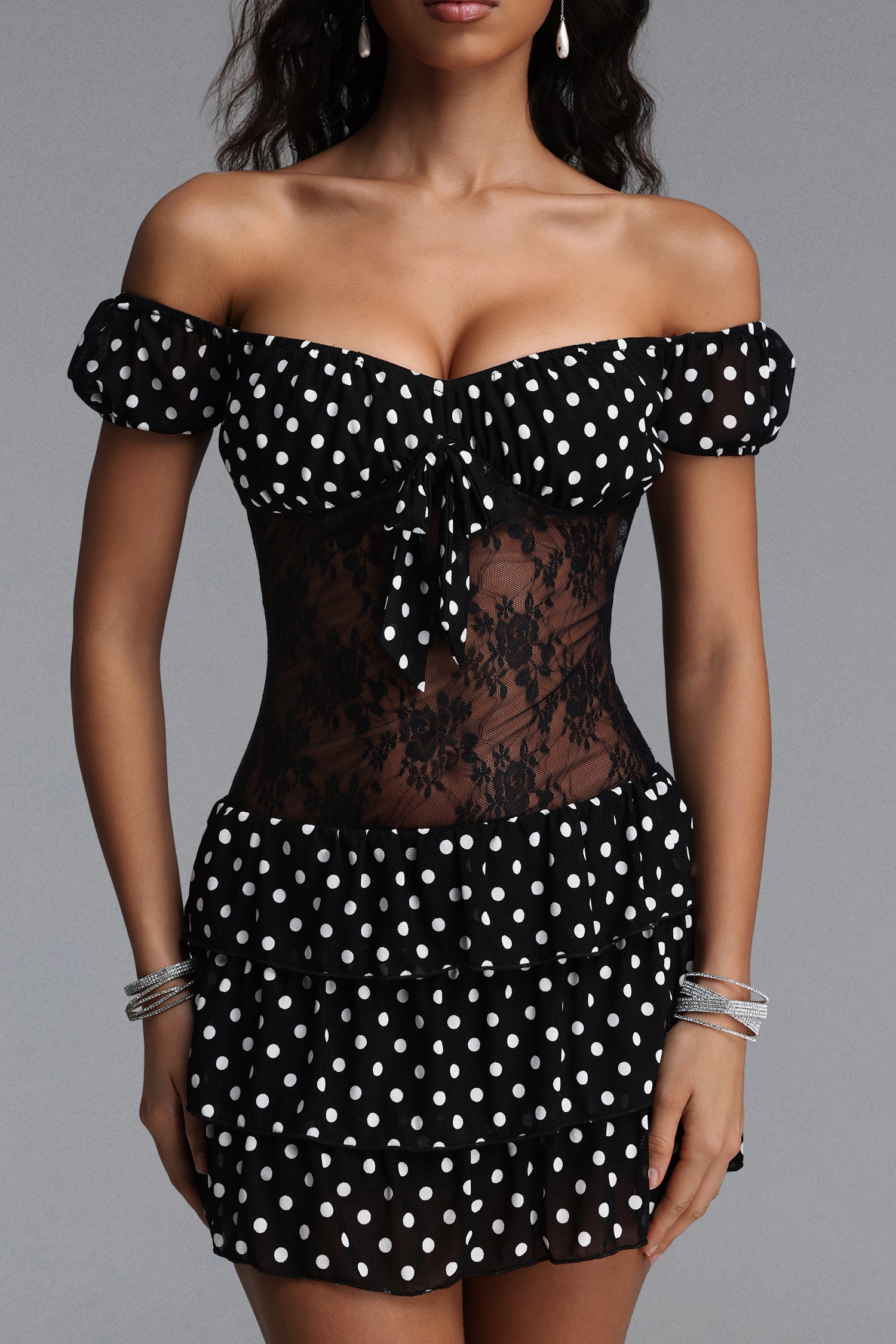 Kyli Sexy Contour Off Shoulder Floral Lace Polka Dot Knit Mini Dress	