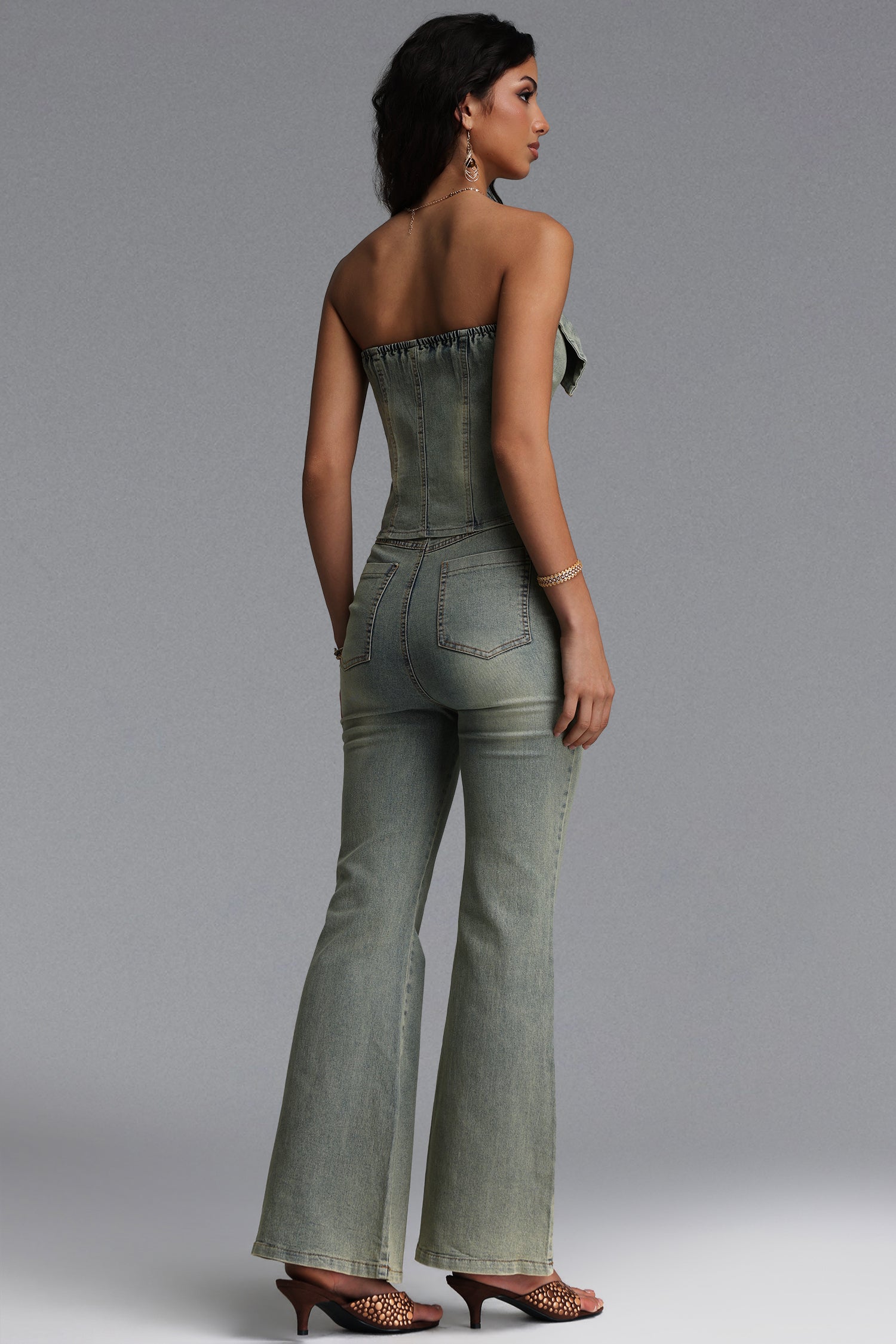 Paca Chic Contour Bow Denim Top And Pant Two Piece Set	