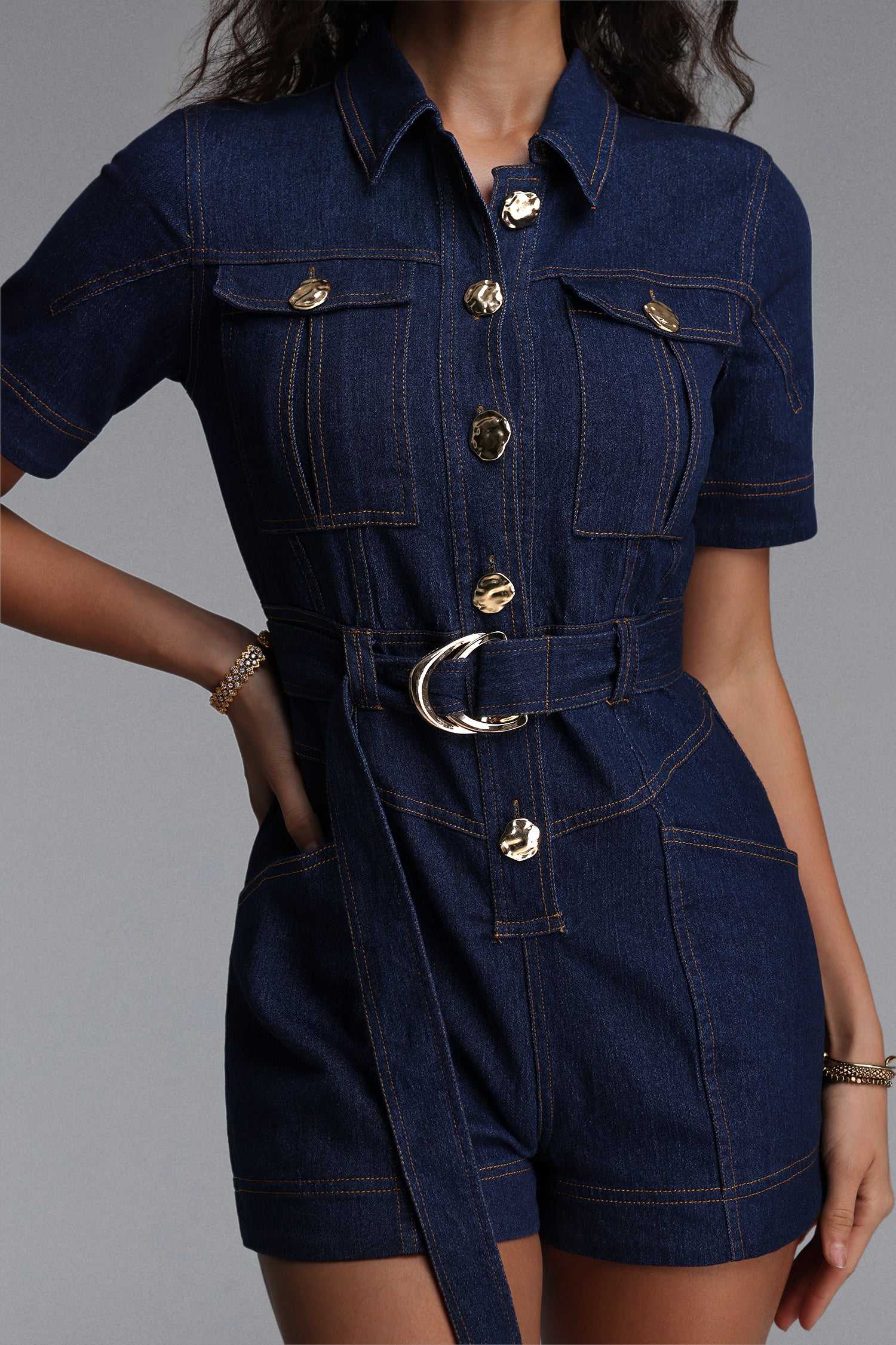 Morwenna Classic Tailored Short Sleeve Denim Mini Jumpsuit	