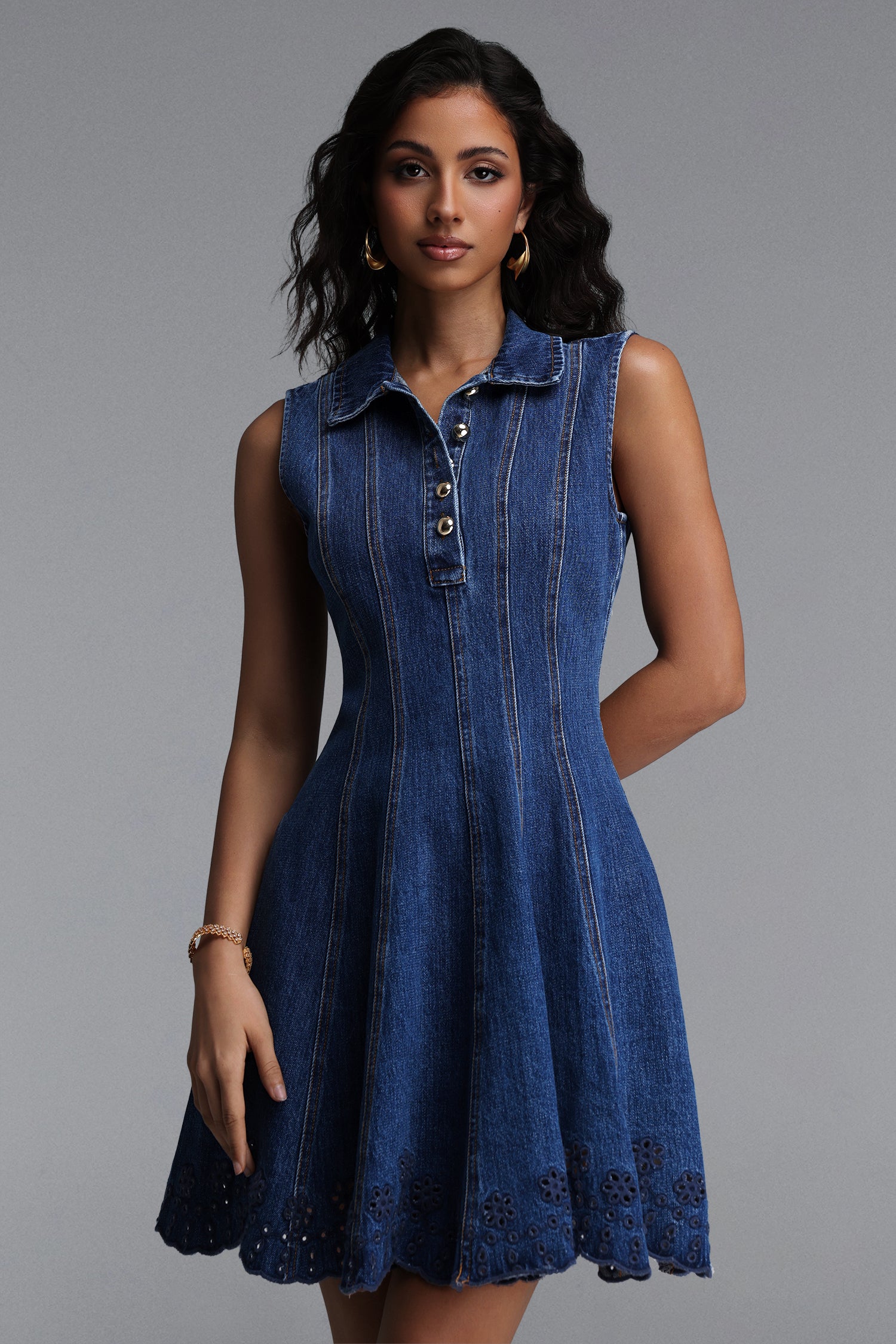 Monica Chic Tailored Sleeveless Floral A-Line Denim Mini Dress	